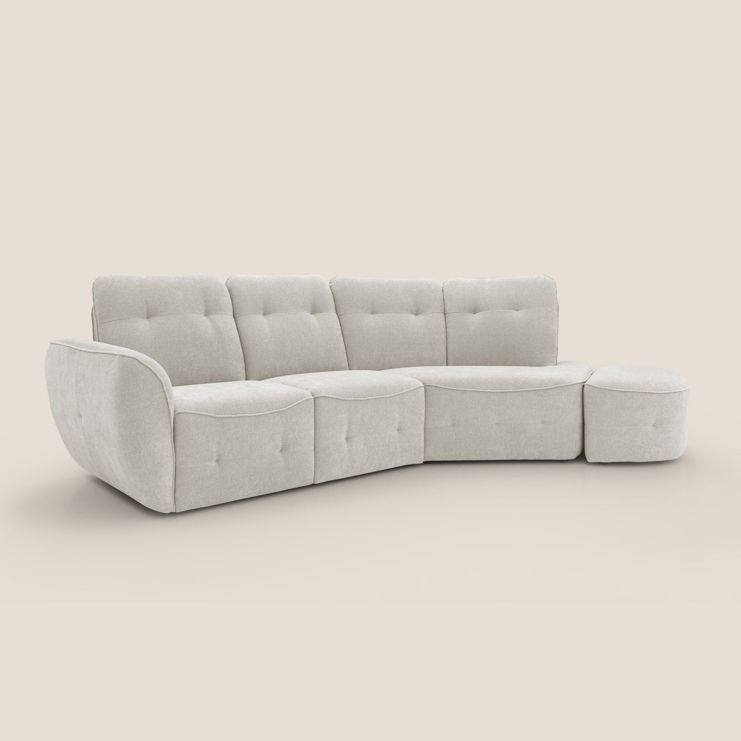 Cerbero divano angolare con pouf mobile in morbido bouclé impermeabile T07 bianco