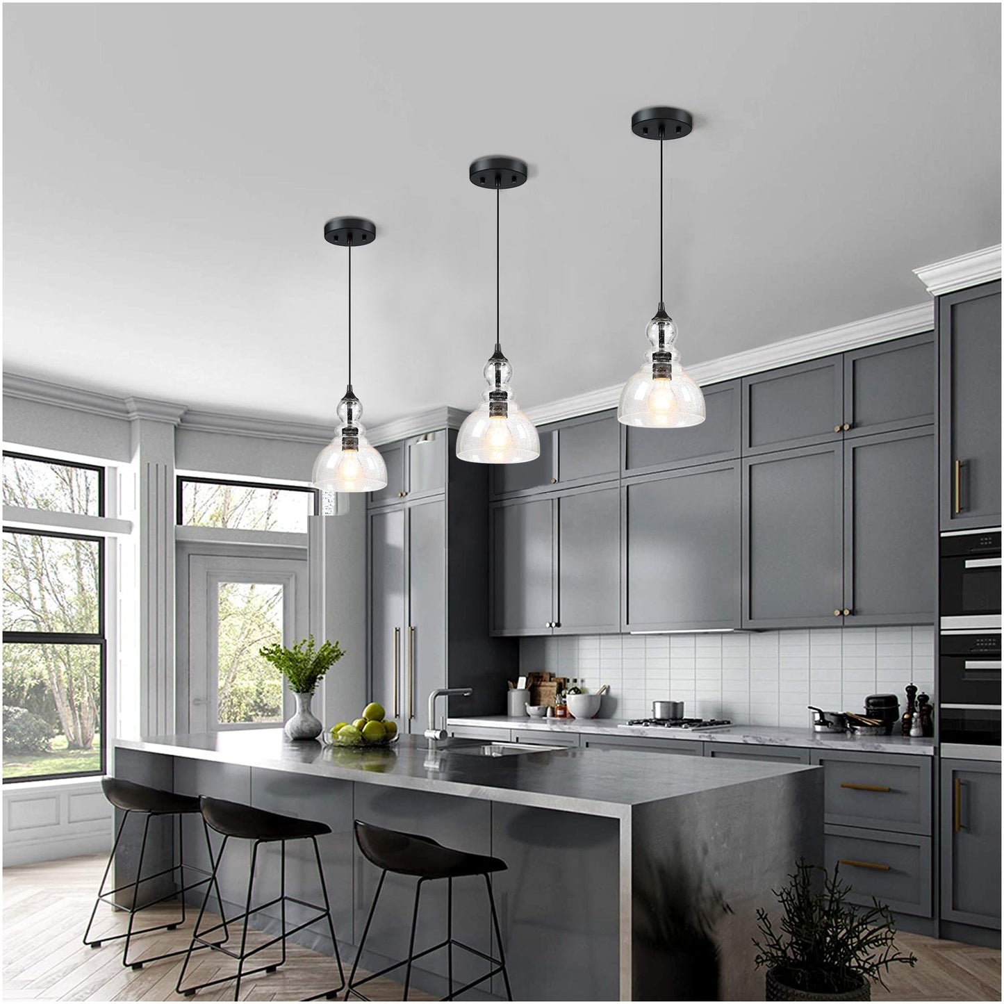 1-Light Kitchen Island Teardrop Seeded Glass Pendant with Black finish 3-pack