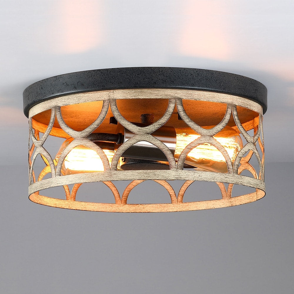 12 in. 2-Light Bronze and Wood Tone Flush Mount Ceiling Light - 12W