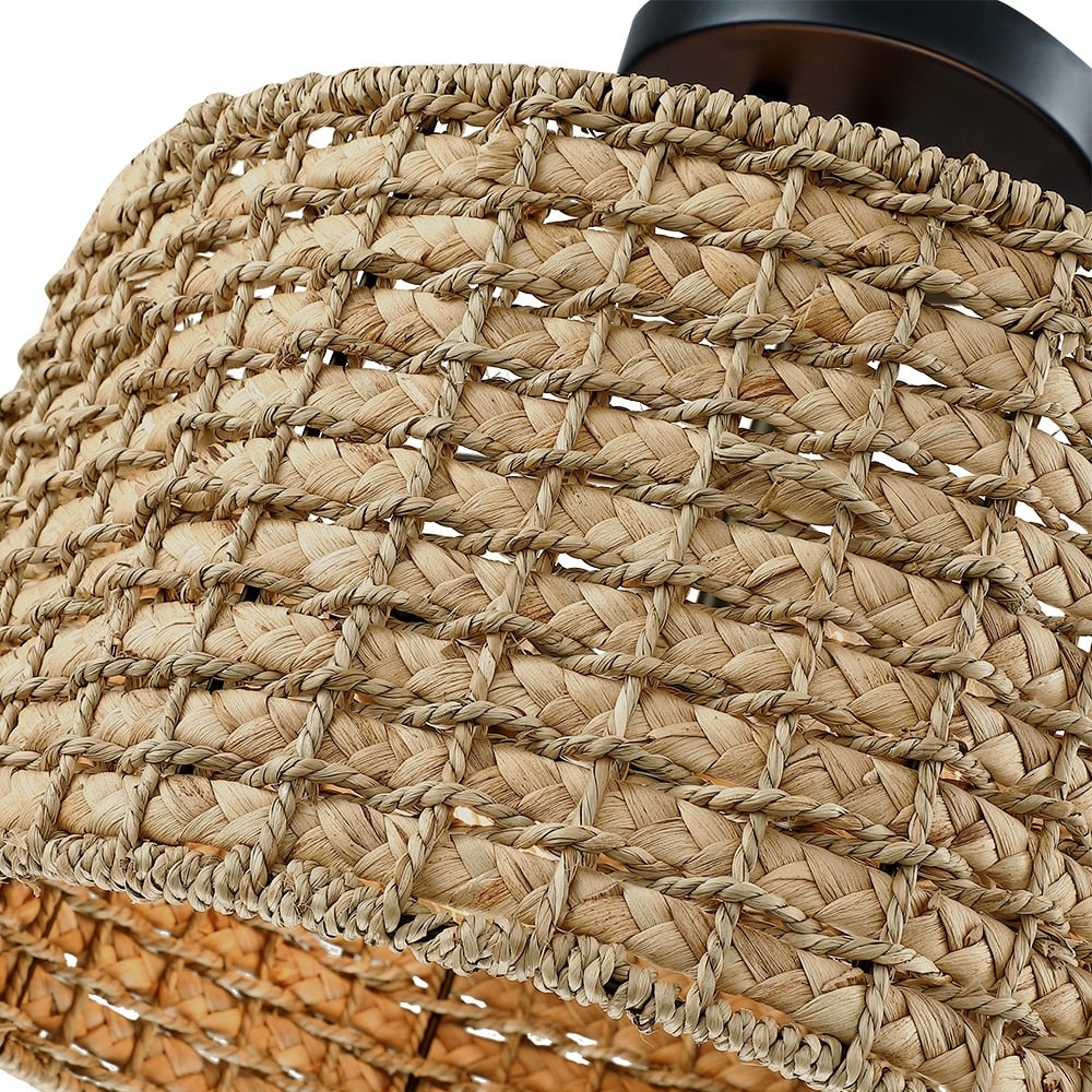 2-Light Natural Rattan Semi-Flush Mount Ceiling Light with Black Canopy - Black/earthy - Black/Straw - 13.6 in. W