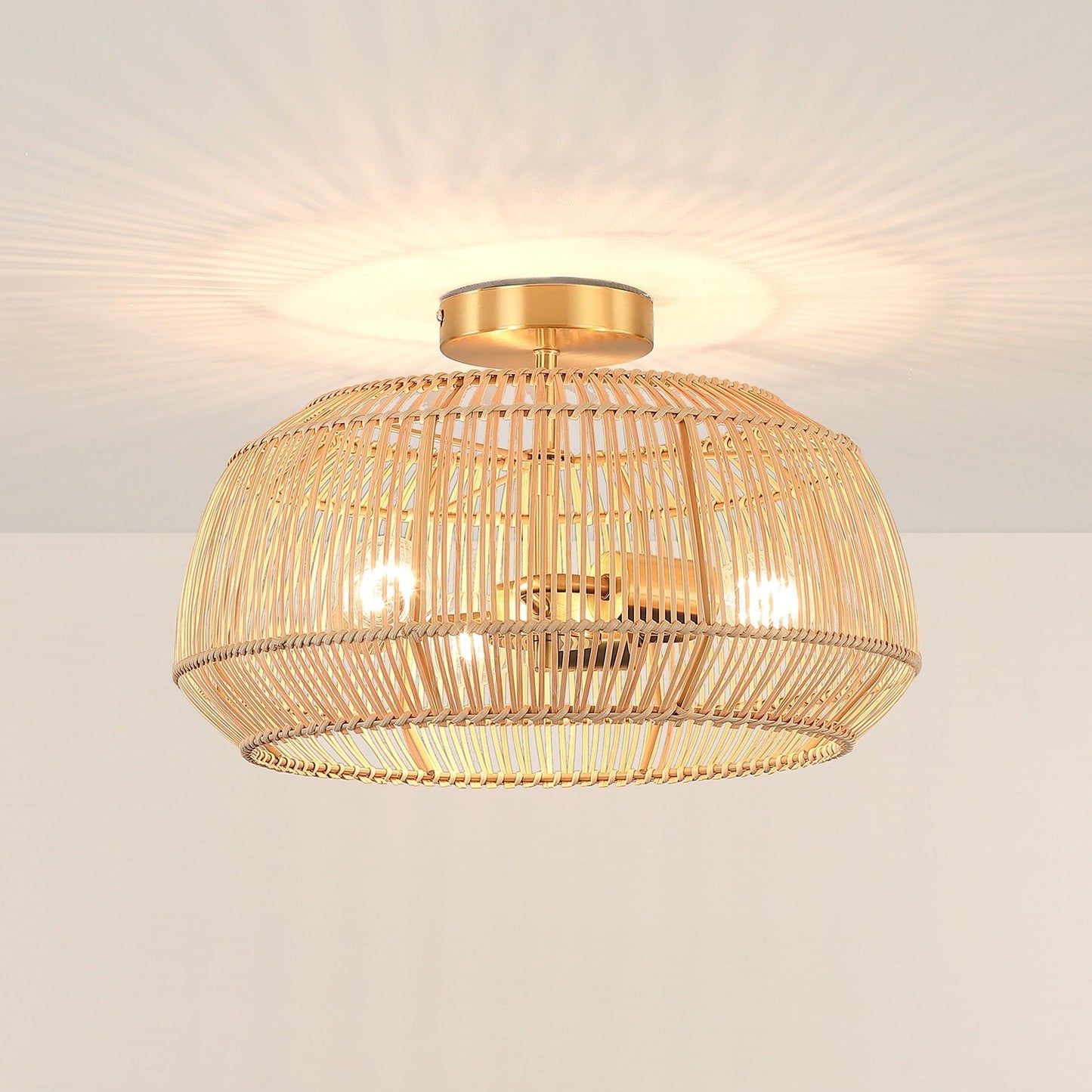 2-Light Bohemian Rattan Semi-Flush Mount Ceiling Light - Brass