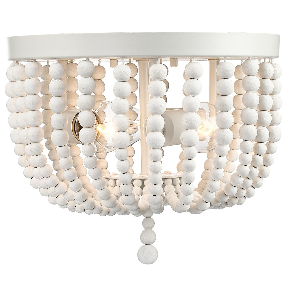 3-Light Bohemia Antique White Wood Beaded Flush Mount Ceiling Light