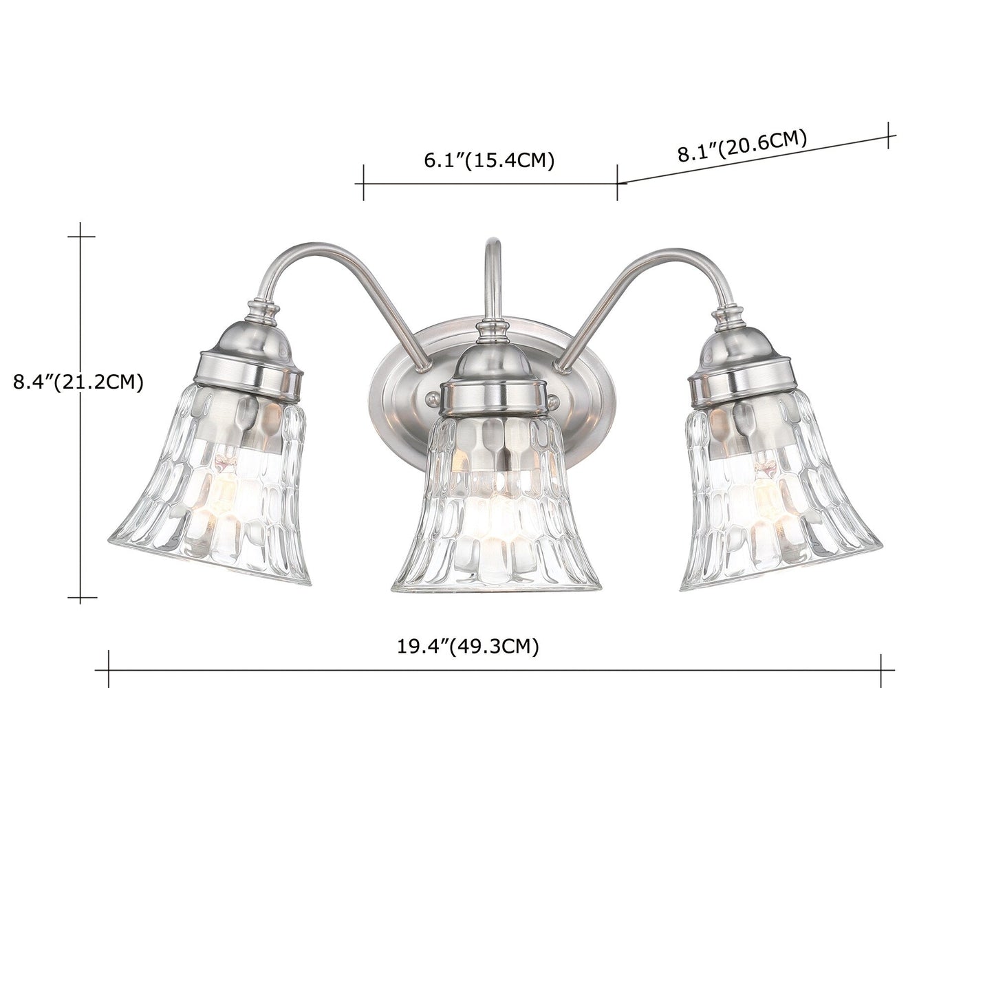 3-Light Brushed Nickle Bathroom Vanity Light over Mirrors with Trumpet Glass Shade