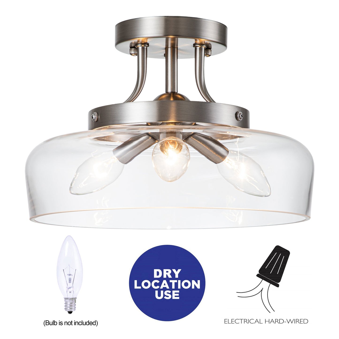 C Cattleya 3-Light Satin Nickel Semi Flush Mount Ceiling Light with Glass Shade