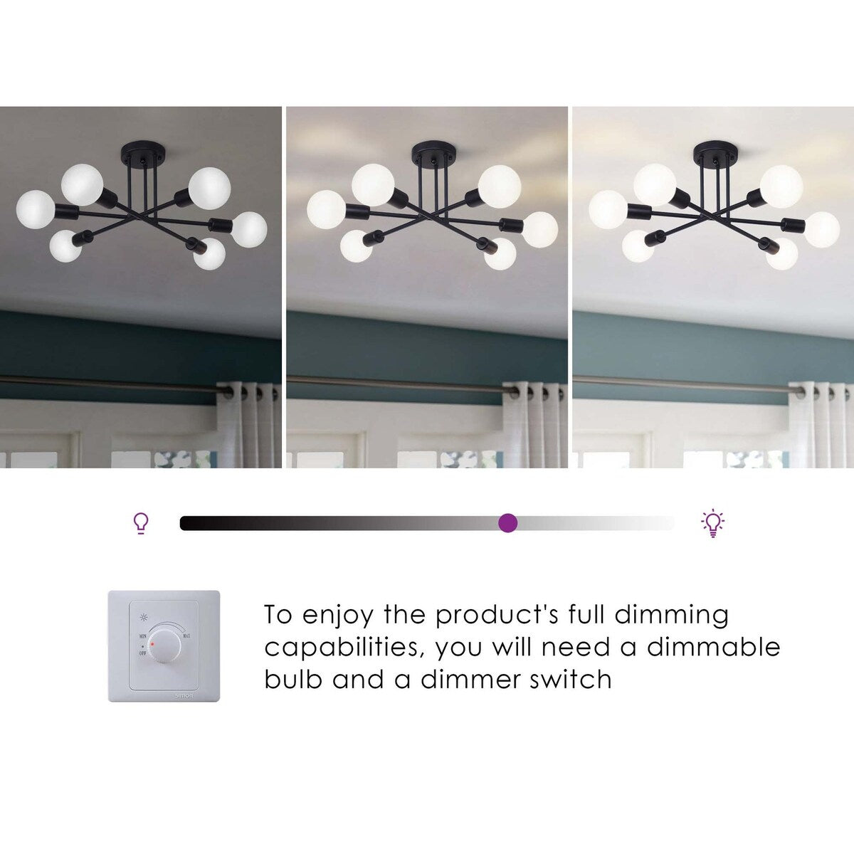 6 - Light Modern Metal Black Sputnik Semi-Flush Mount Ceiling Light