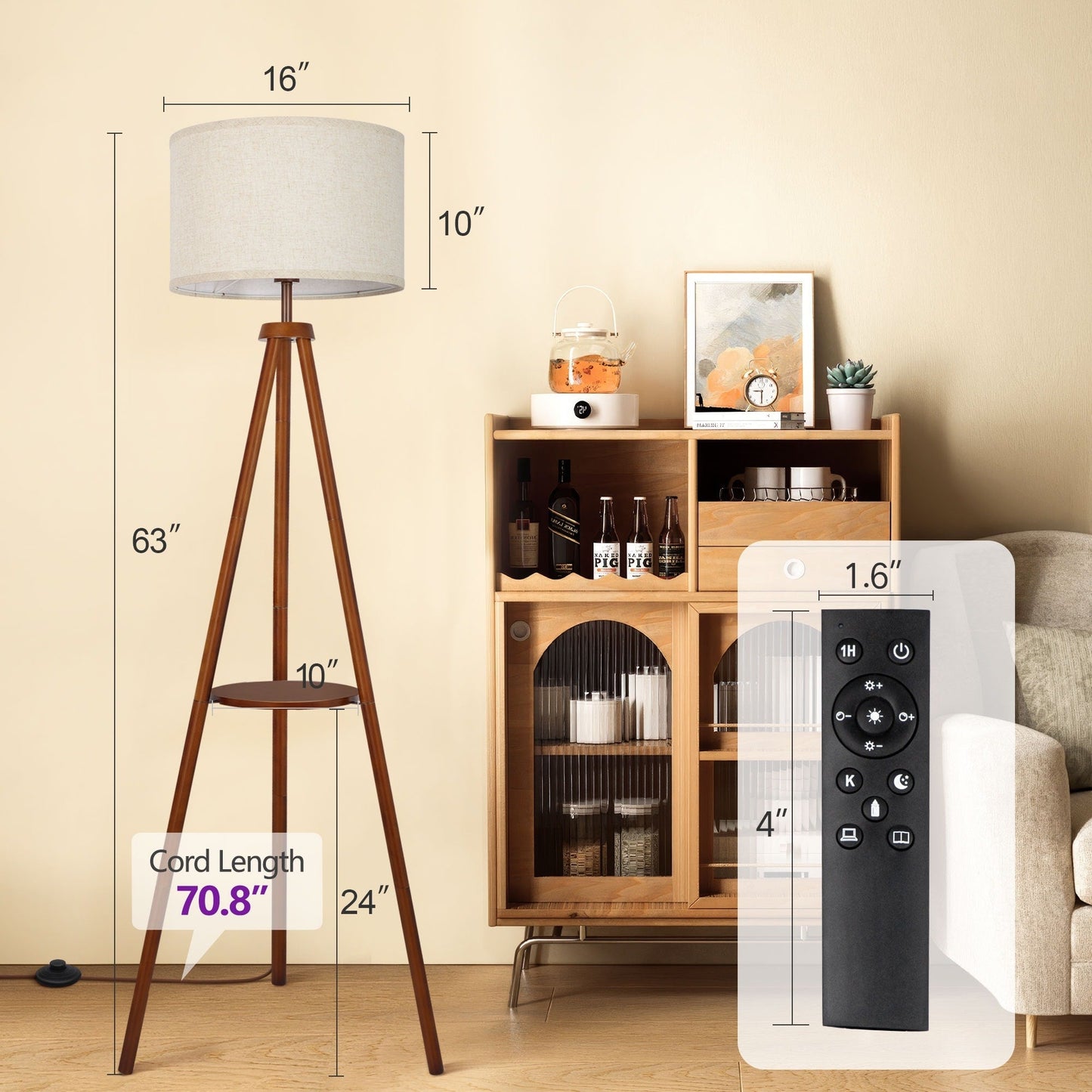 63 in. Walnut Tripod Floor Lamp with Solid Wood Legs and Tray