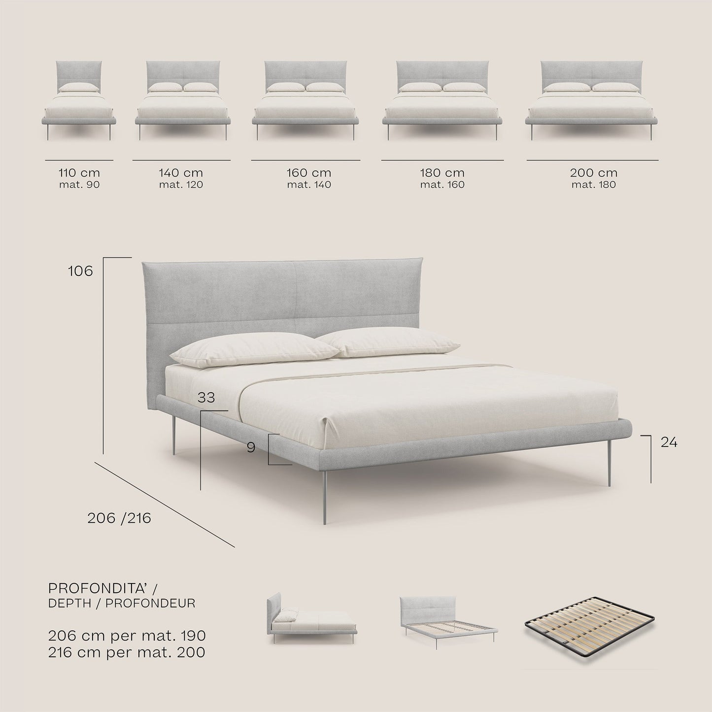 Akiko letto imbottito con piedi alti in metallo in tessuto impermeabile T02 beige