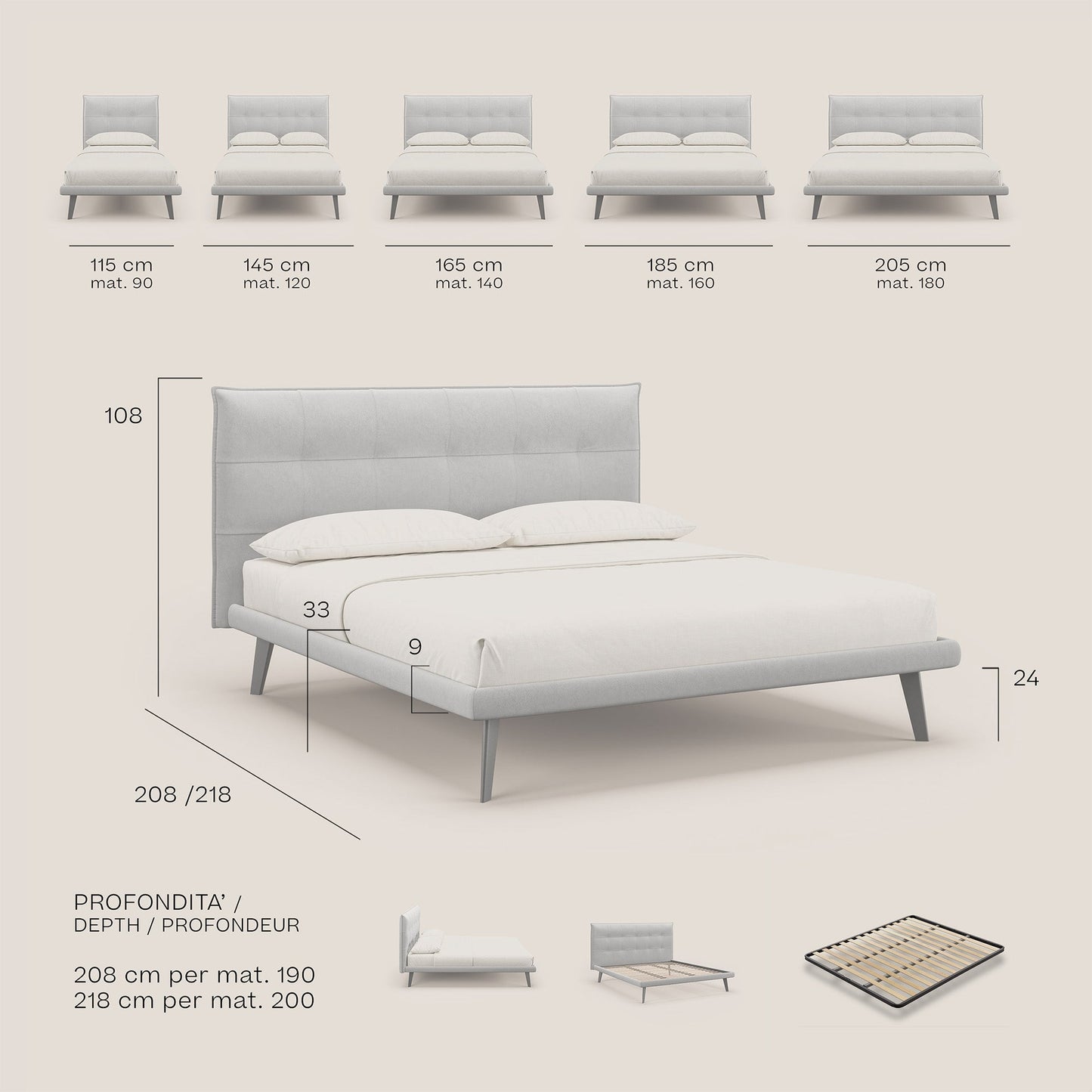 Brigitte letto con testata trapuntata piedi alti in mogano e tessuto impermeabile T09 beige