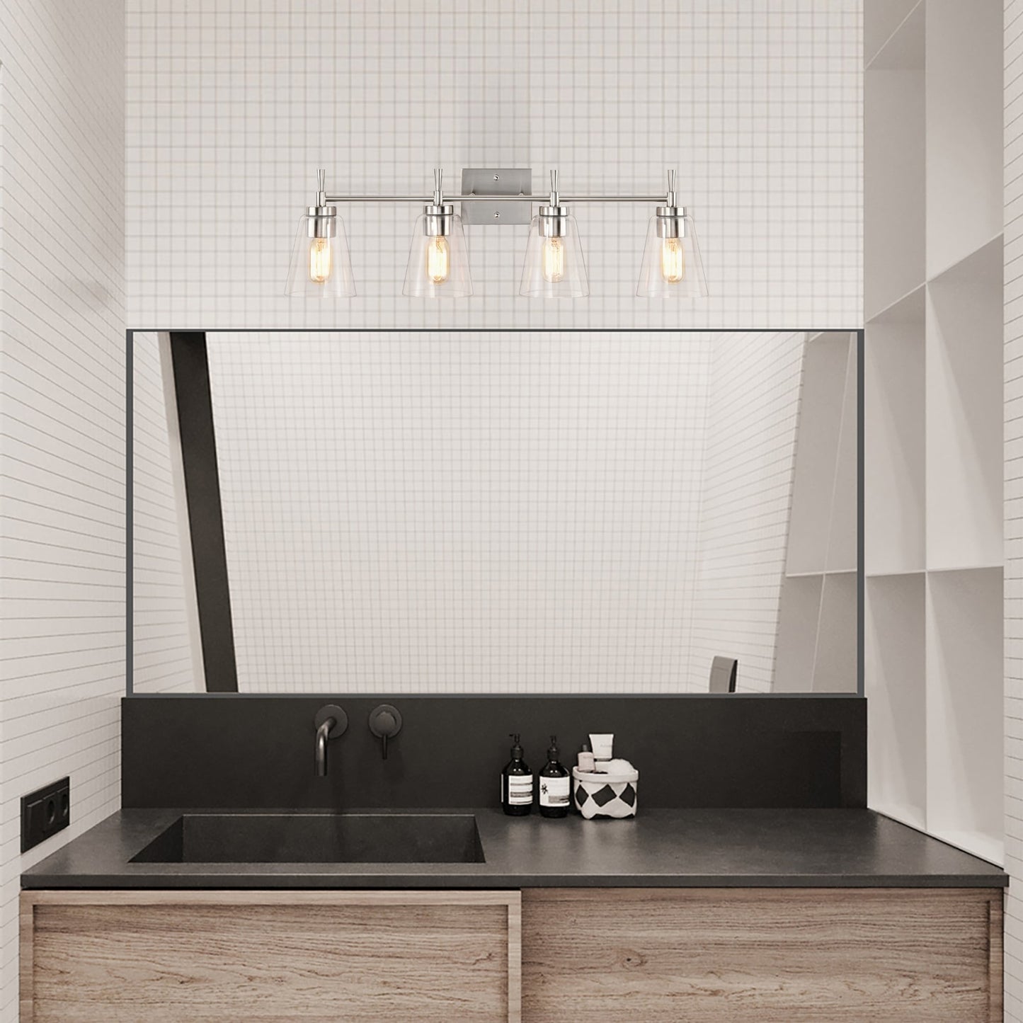 Brushed Nickel 4-Light Modern Vanity Light with Clear Cone Glass Shades - Brushed Nickel