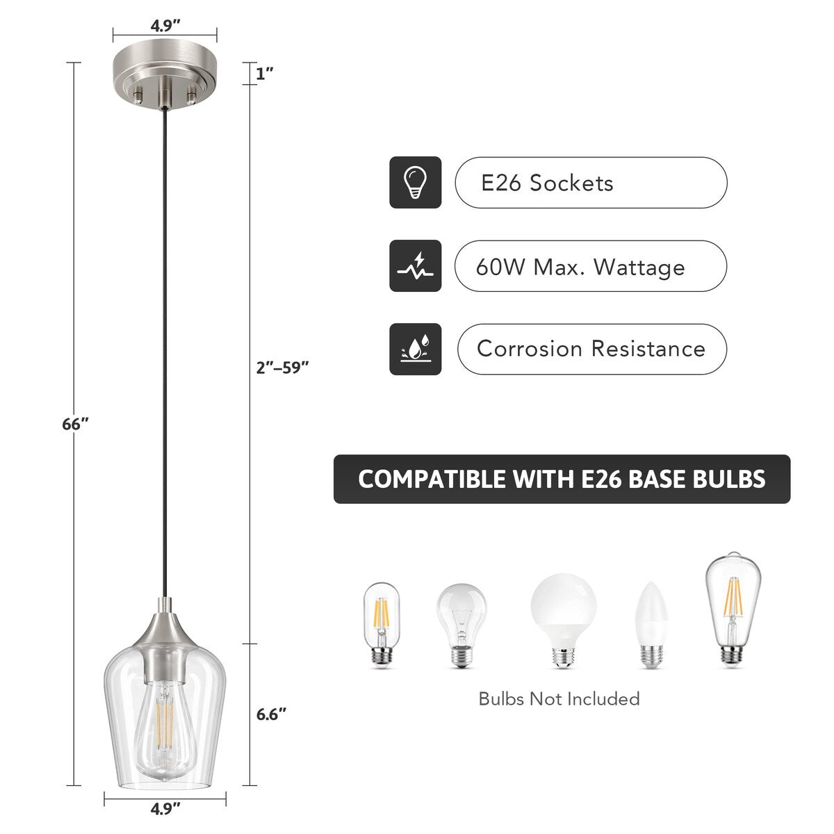 CO-Z 1 Light Pendant Light Fixture with Adjustable Height