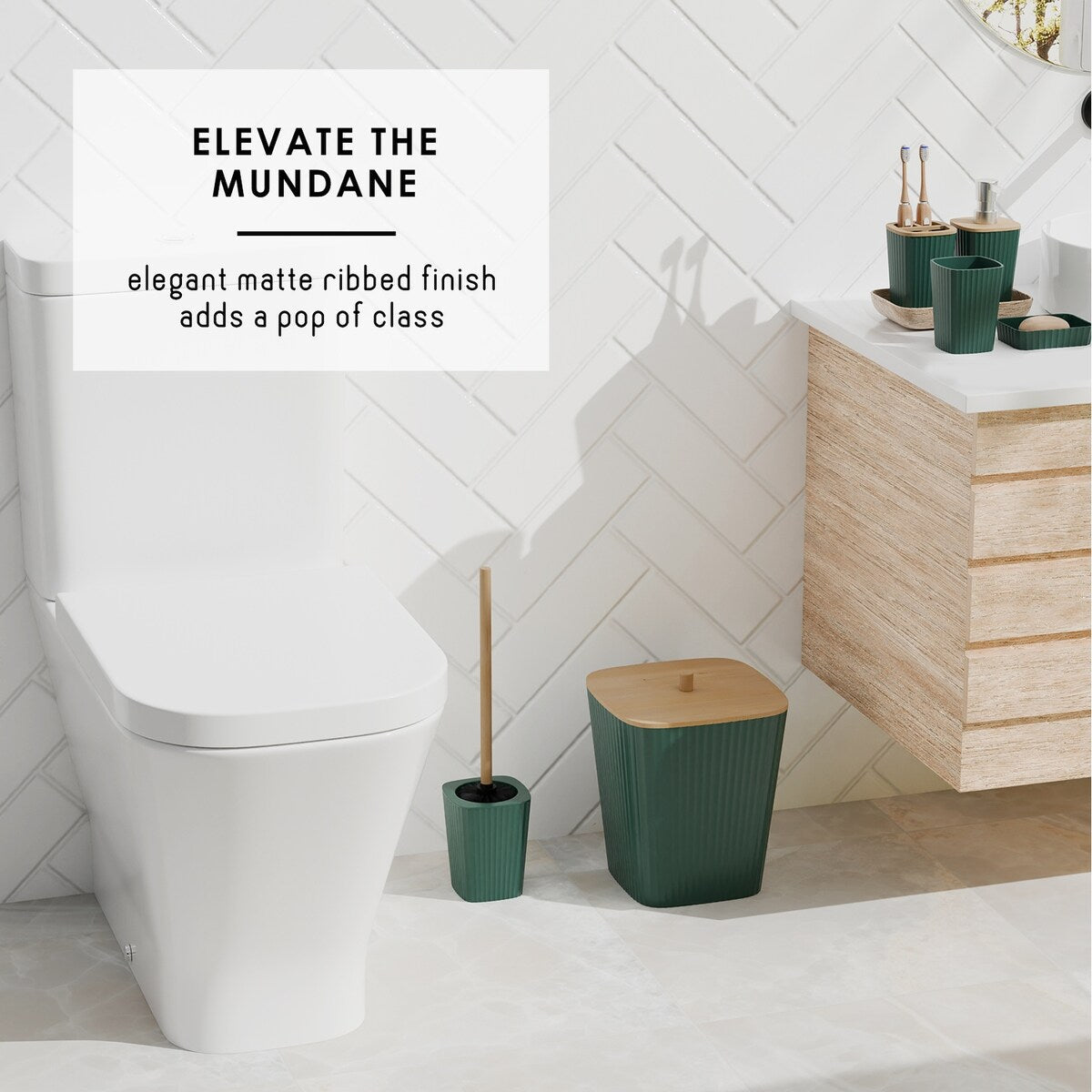 Clara Clark Bamboo Bathroom Accessories Set with Shower Curtain Set, Toilet Brush, Trash Can & Soap Dispenser