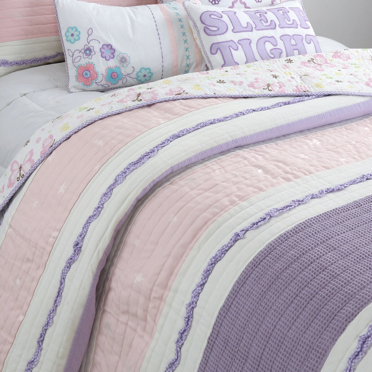 Cozy Line Home Fashions Stripped Floral Vine Star Butterfly Ruffle Embroidered Pink Purple Cotton Quilt Bedding Set