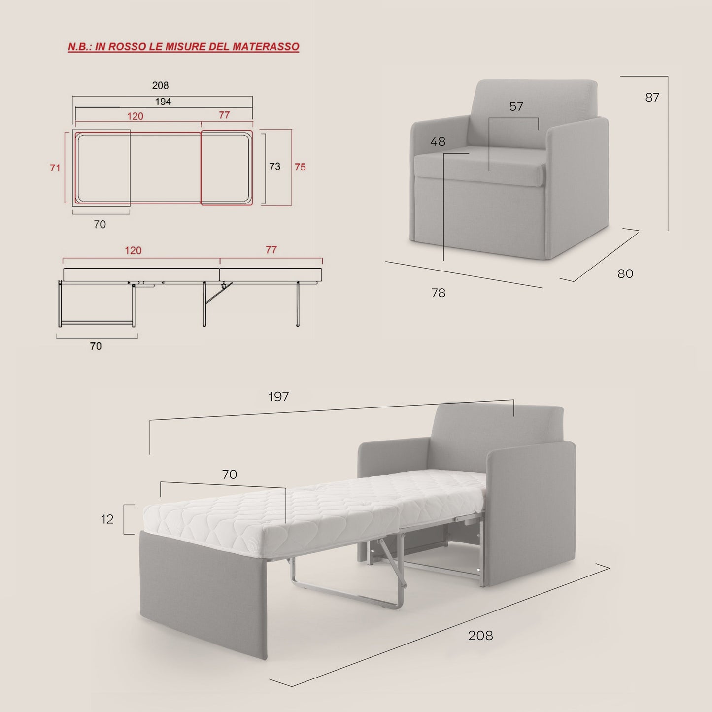 DAG Poltrona letto singolo salvaspazio in TESSUTO impermeabile T13 beige
