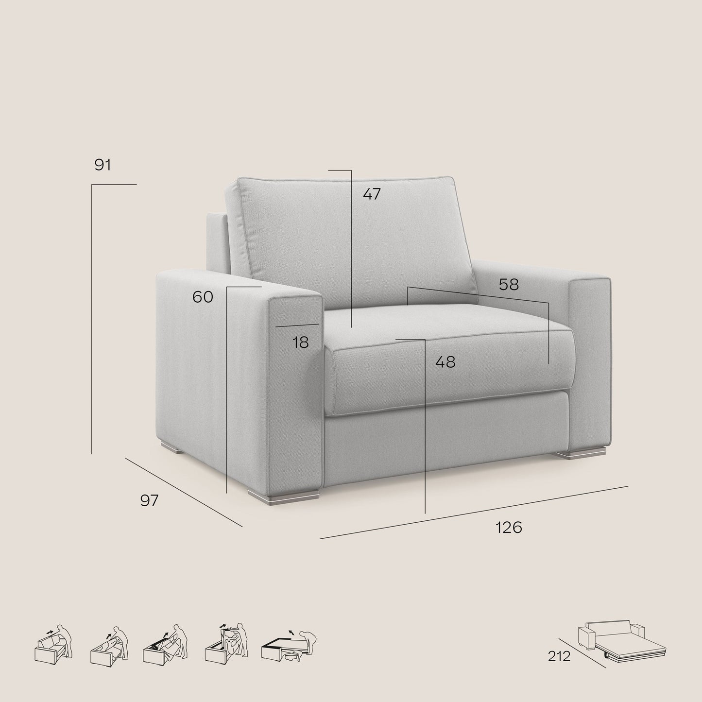 Dream poltrona letto in tessuto smacchiabile T05 carta da zucchero