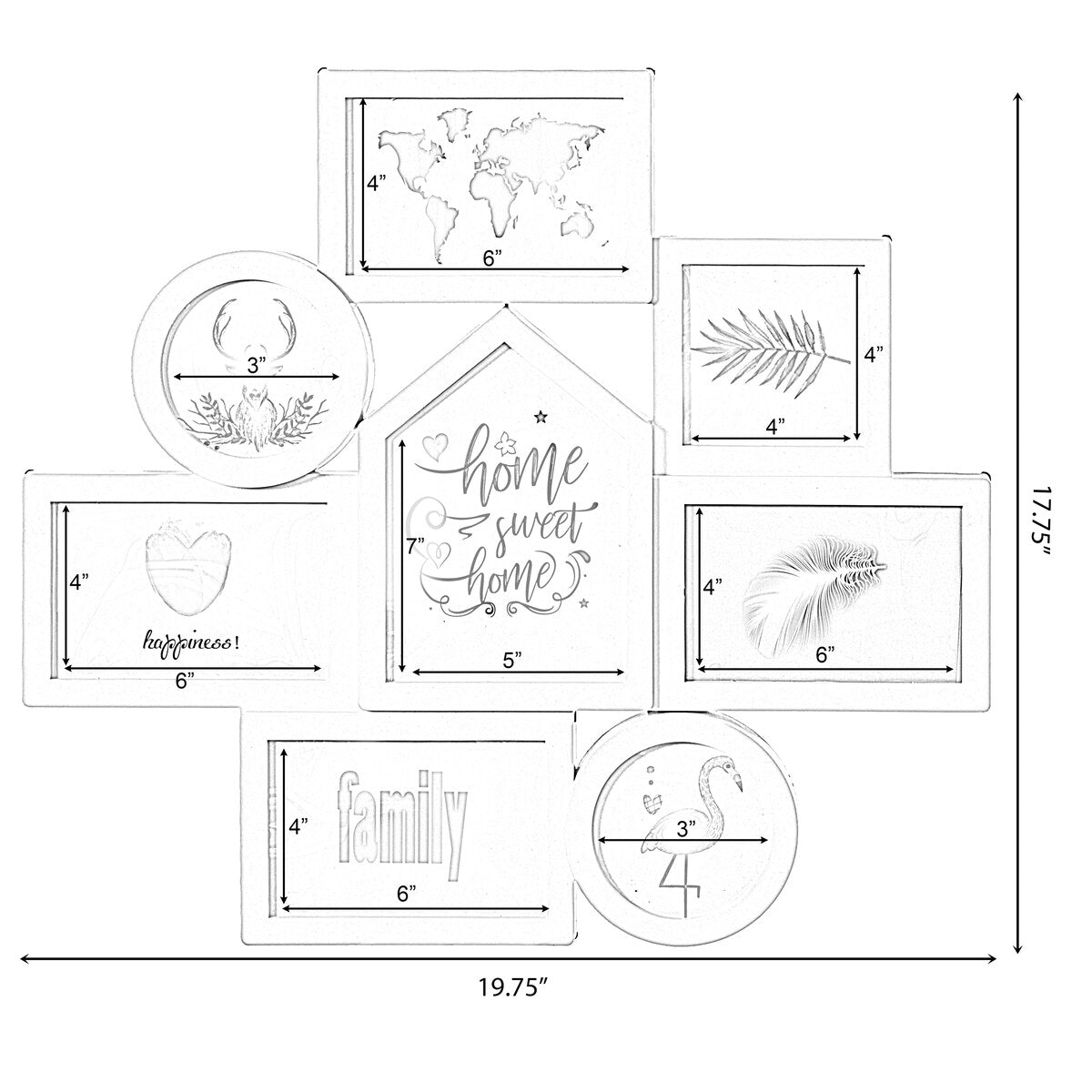 Decorative Modern Wall Mounted Multi Photo Frame Collage Picture Holder for 8 Pictures Multiple Sized, White