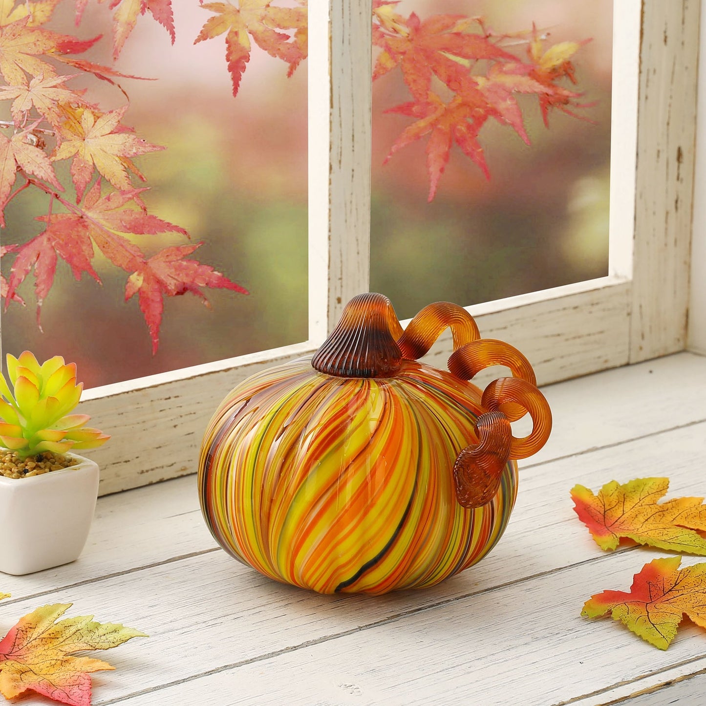 Glitzhome Fall Harvest Multi Striped Handblown Glass Pumpkins Thanksgiving Table Accent