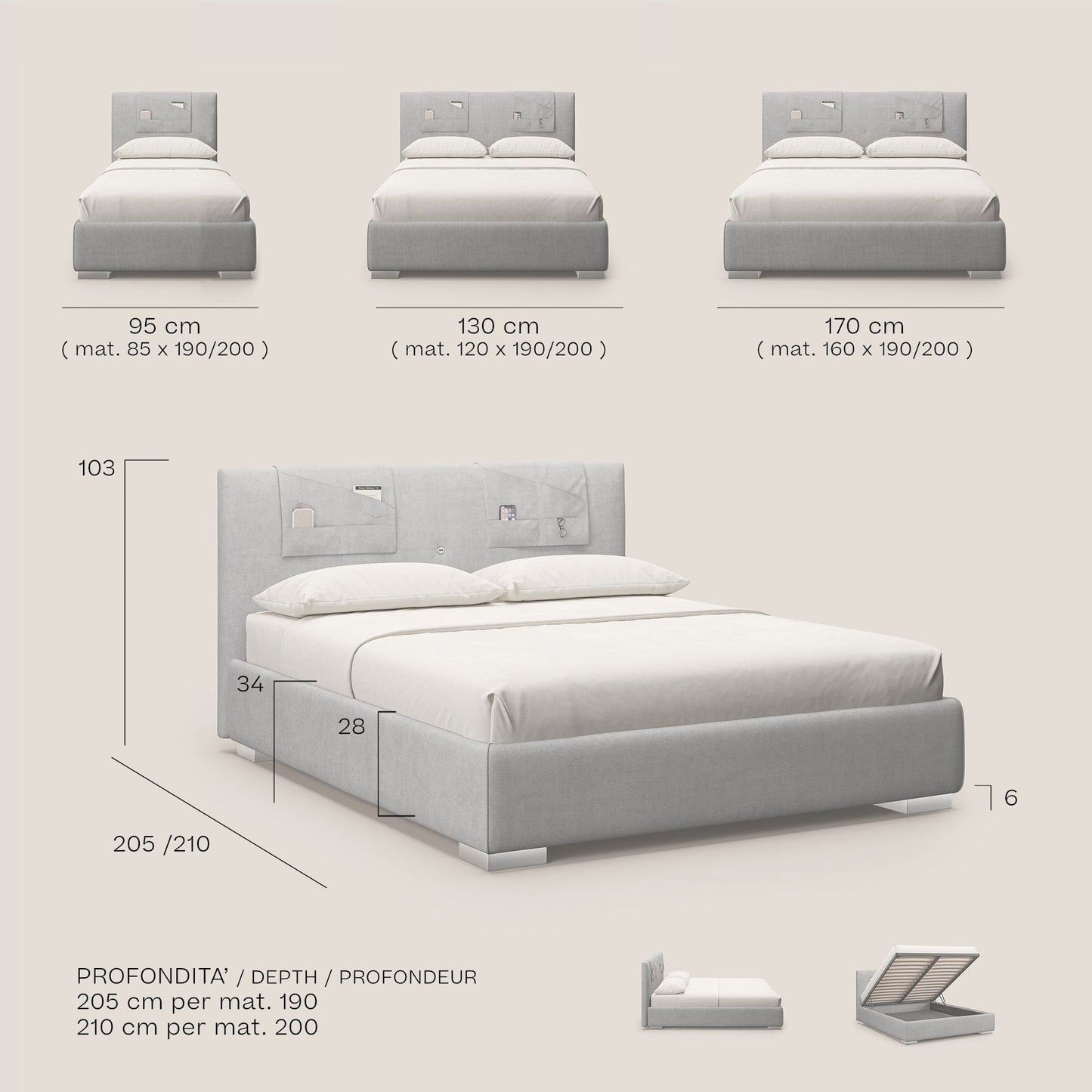 Horus letto imbottito contenitore e presa USB sulla testata in tessuto impermeabile T02 beige