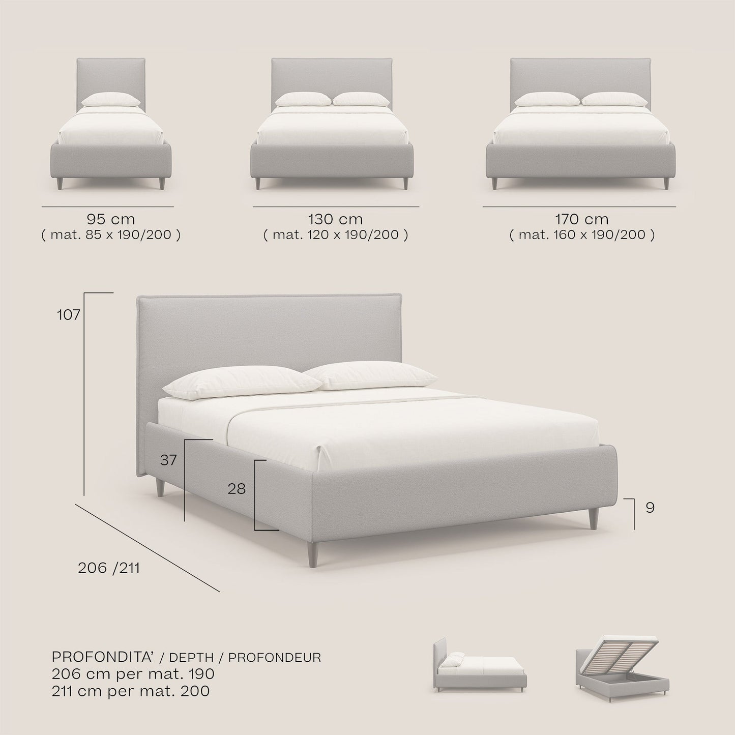 Hunter letto imbottito contenitore sfoderabile in tessuto impermeabile fiammato T19 grigio
