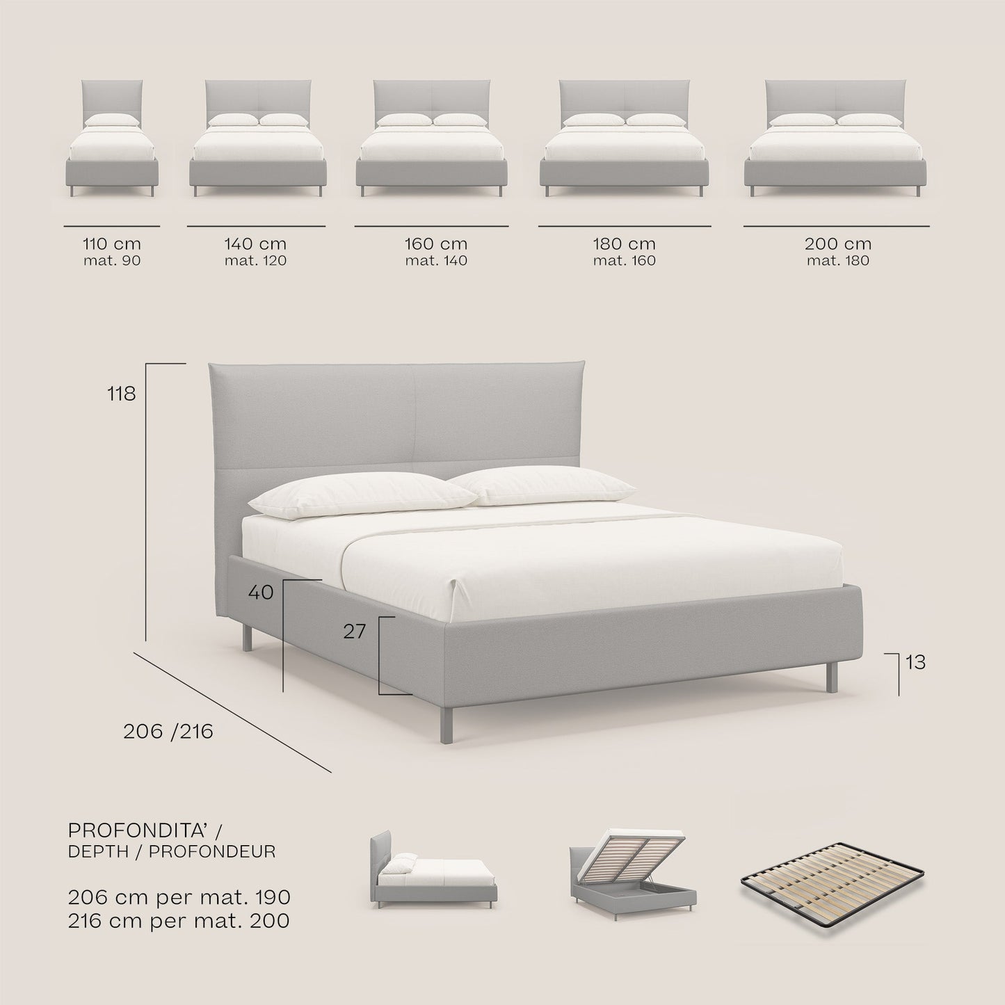 Izumi letto imbottito contenitore con piedi alti in tessuto smacchiabile T05 grigio
