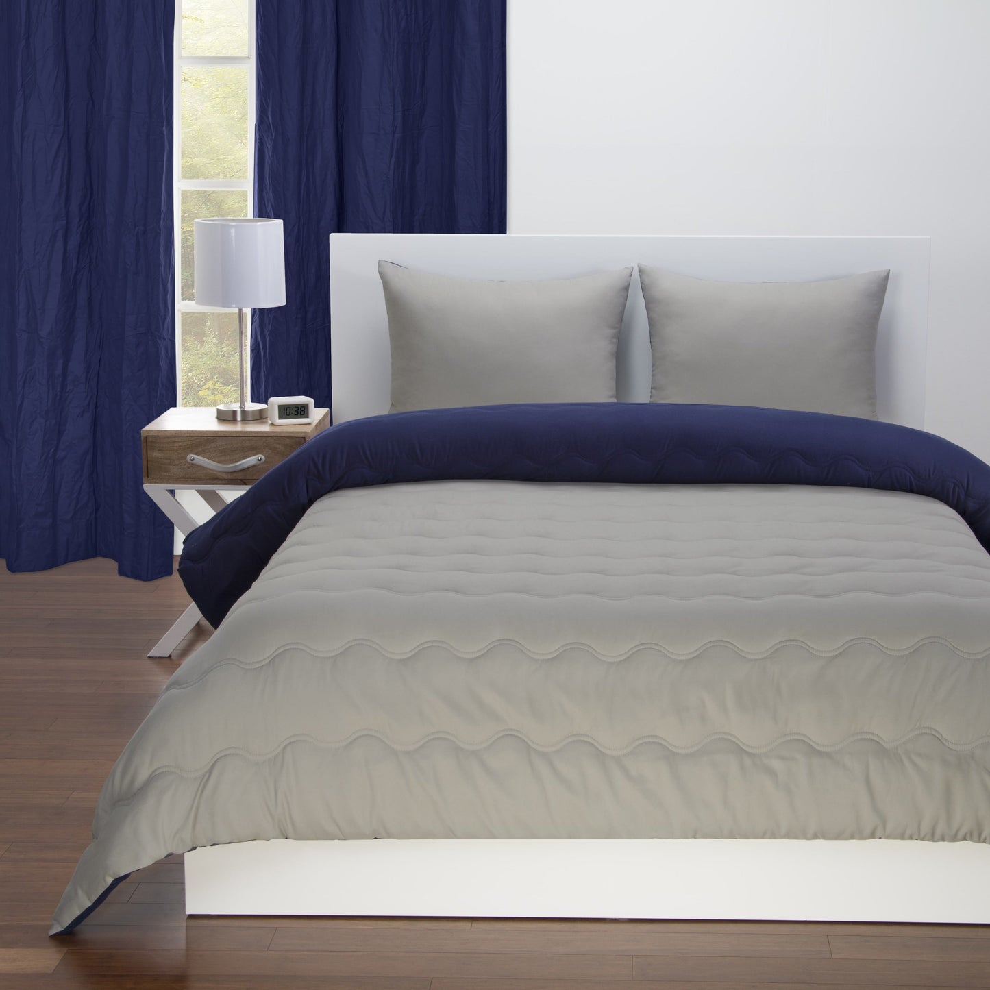 Deep Blue and Mushroom Grey Reversible Comforter Set