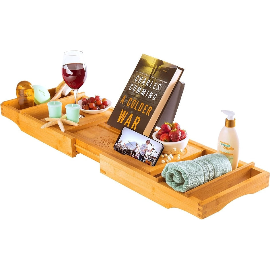 Luxury Bamboo Bathtub Tray Caddy - Expandable and Foldable Nonslip Bath Caddy with Book/Tablet and Wine Glass Holder, Best Gift
