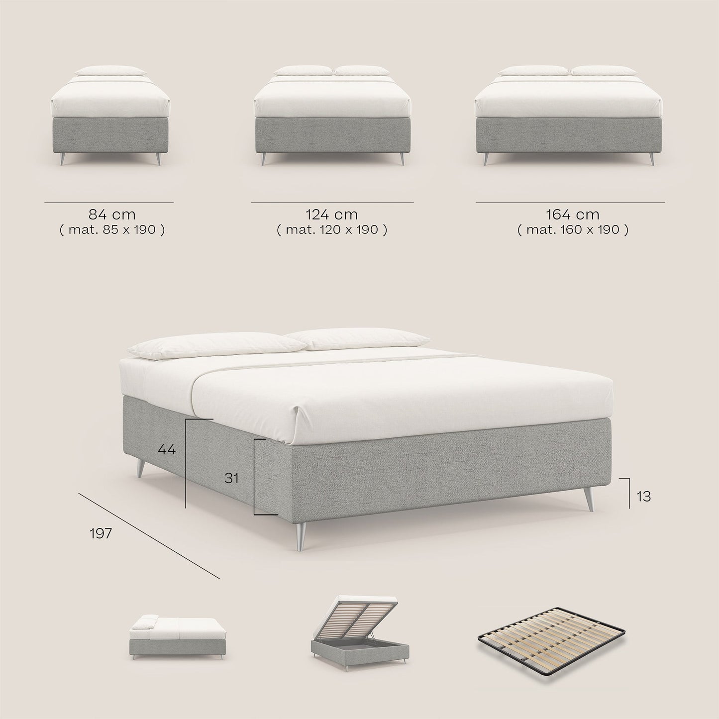 Febe sommier compatto con grande capienza del contenitore in tessuto impermeabile T03 beige