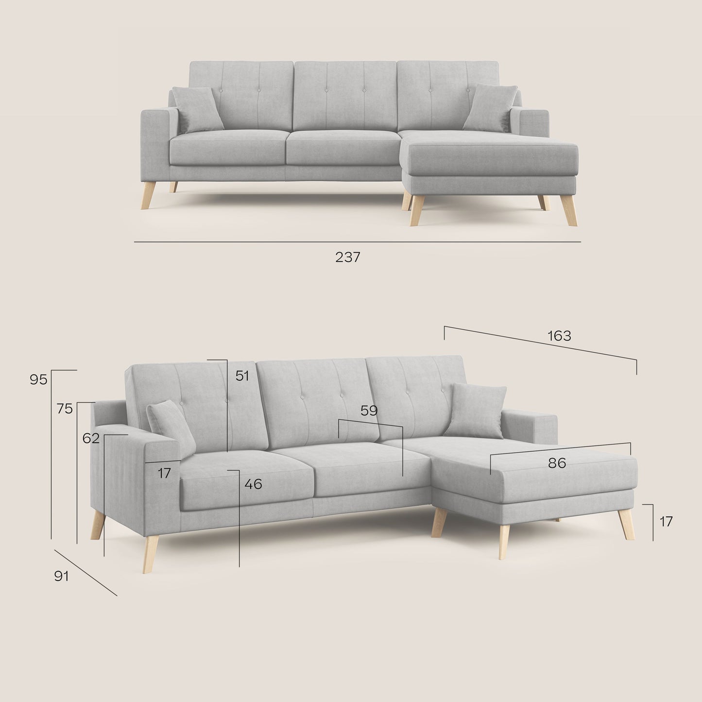 Divano danese angolare REVERSIBILE in tessuto morbido impermeabile T02 petrolio