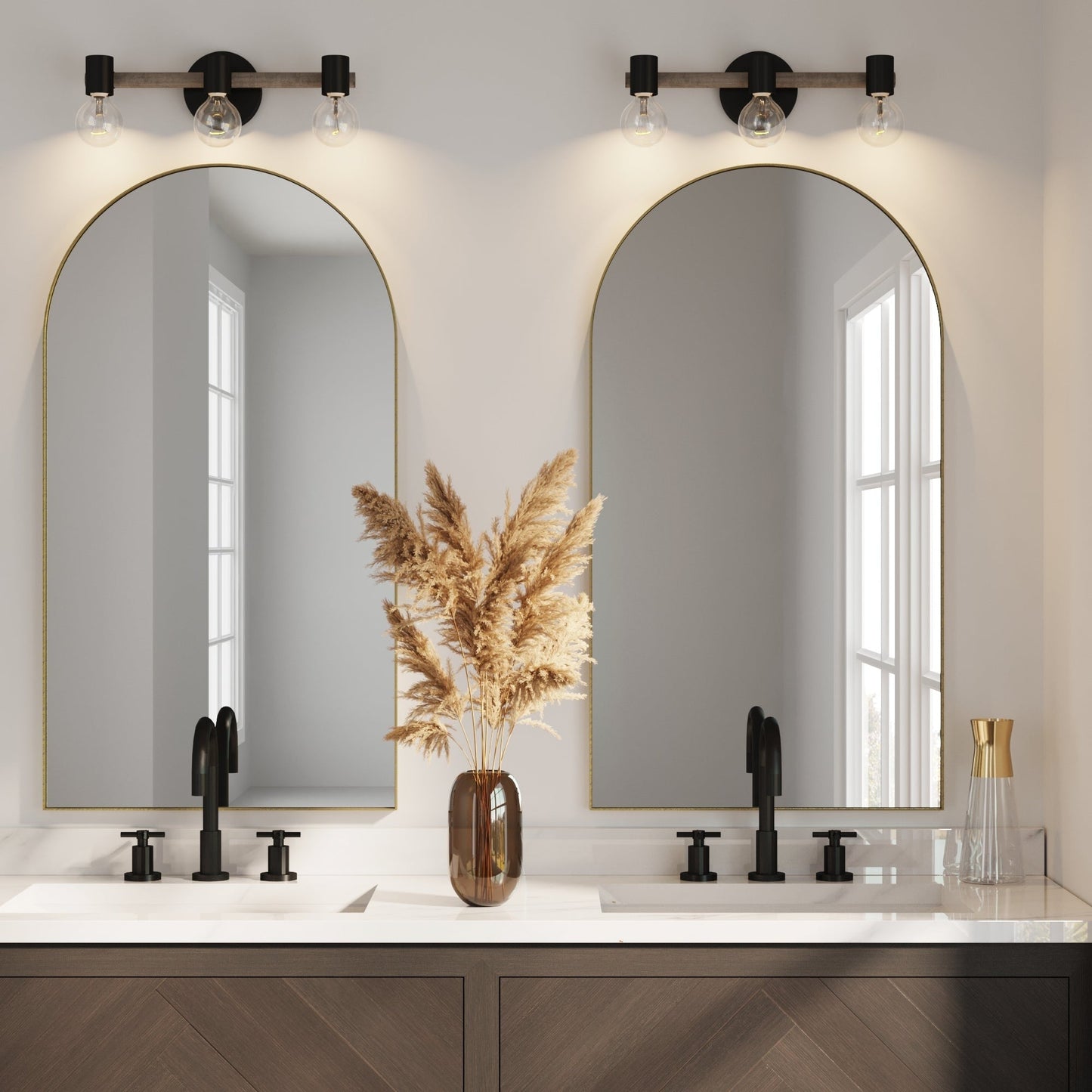 Nathan James Henry 3-Lights Farmhouse Bathroom Vanity Light in Brushed Wood and Black Metal for Bathroom and Vanity