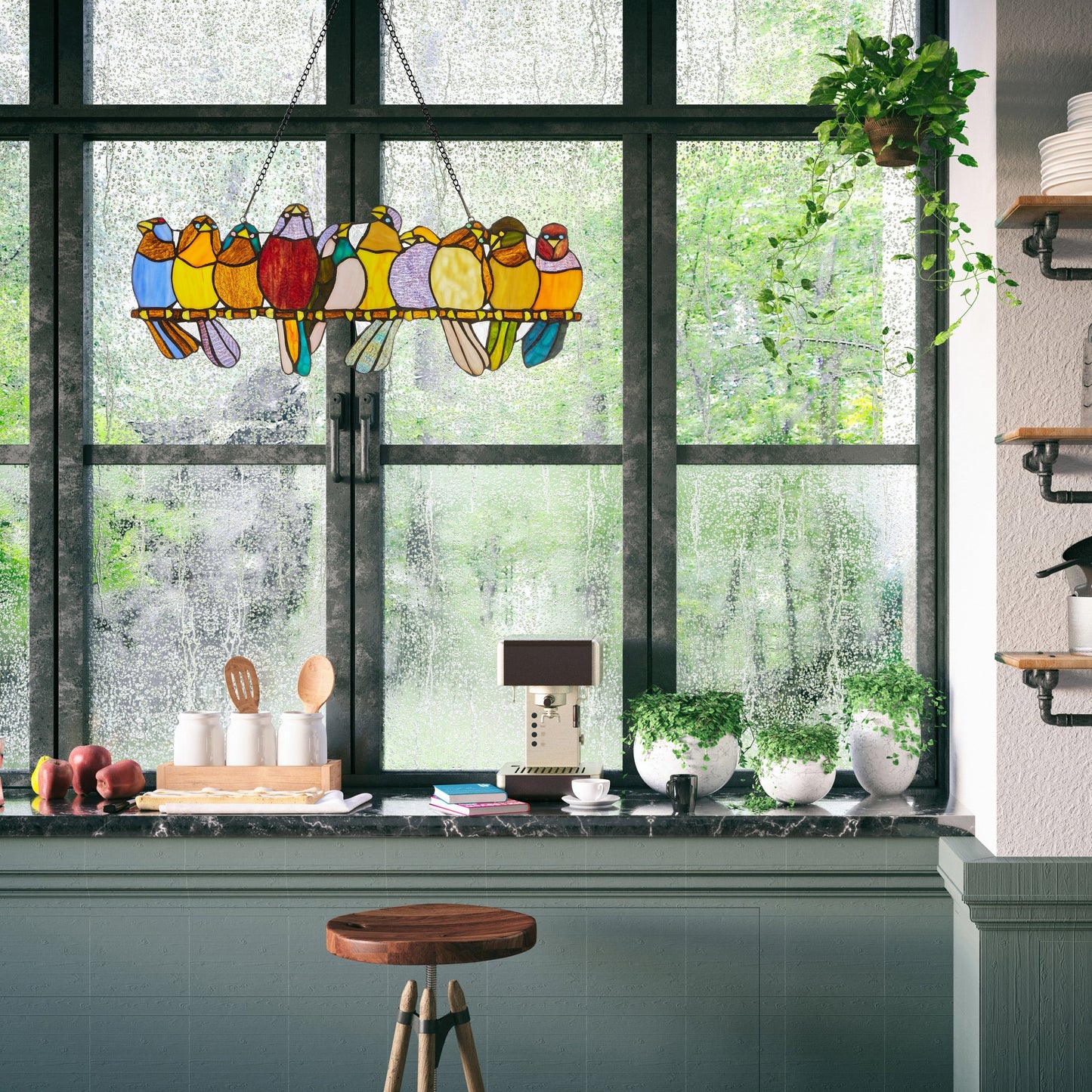 River of Goods Stained Glass Birds on Wire 9.25-in. Window Panel - 24.25L x 0.25W x 9.5H