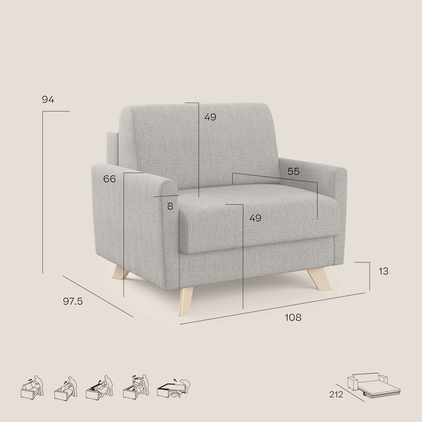 Edgar poltrona letto in tessuto felis impermeabile T03 azzurro