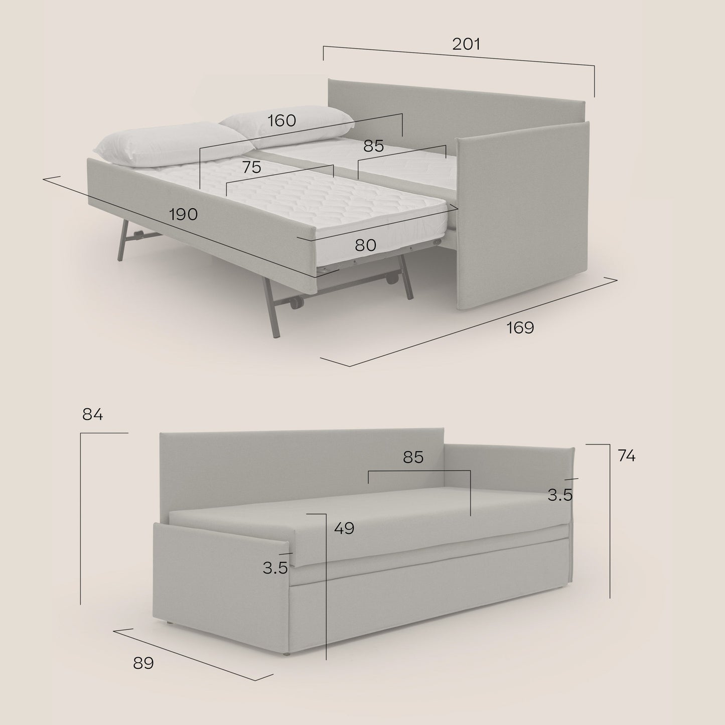 Durini Divano duplex con doppio letto in tessuto simil cotone impermeabile T13 beige 