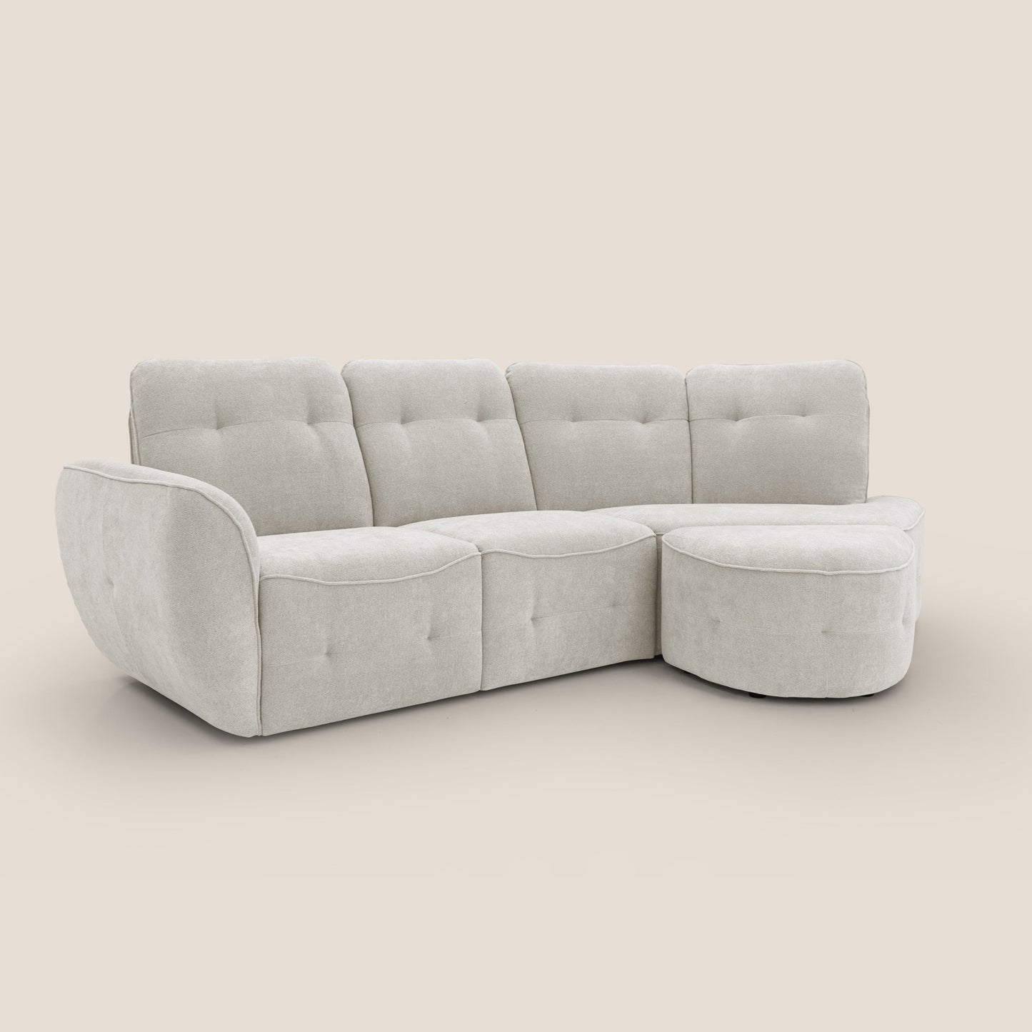 Cerbero divano angolare con pouf mobile in morbido bouclé impermeabile T07 bianco