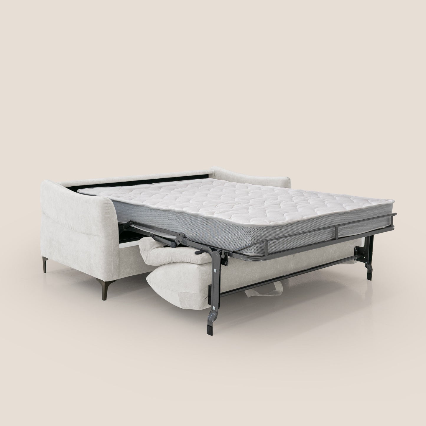 Dalia divano letto con materasso H18 cm e piedi alti in raffinato tessuto smacchiabile T17 bianco