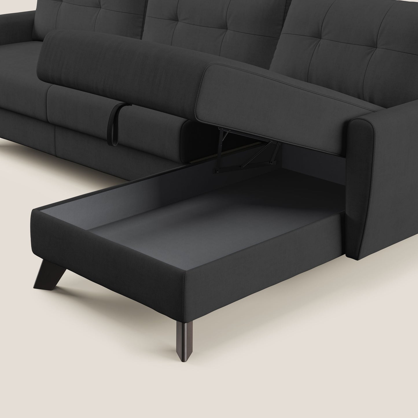 Callisto Divano letto angolare con penisola in tessuto morbido impermeabile T02 nero