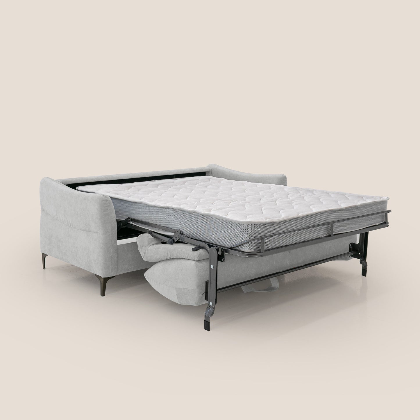 Dalia divano letto con materasso H18 cm e piedi alti in raffinato tessuto smacchiabile T17 grigio