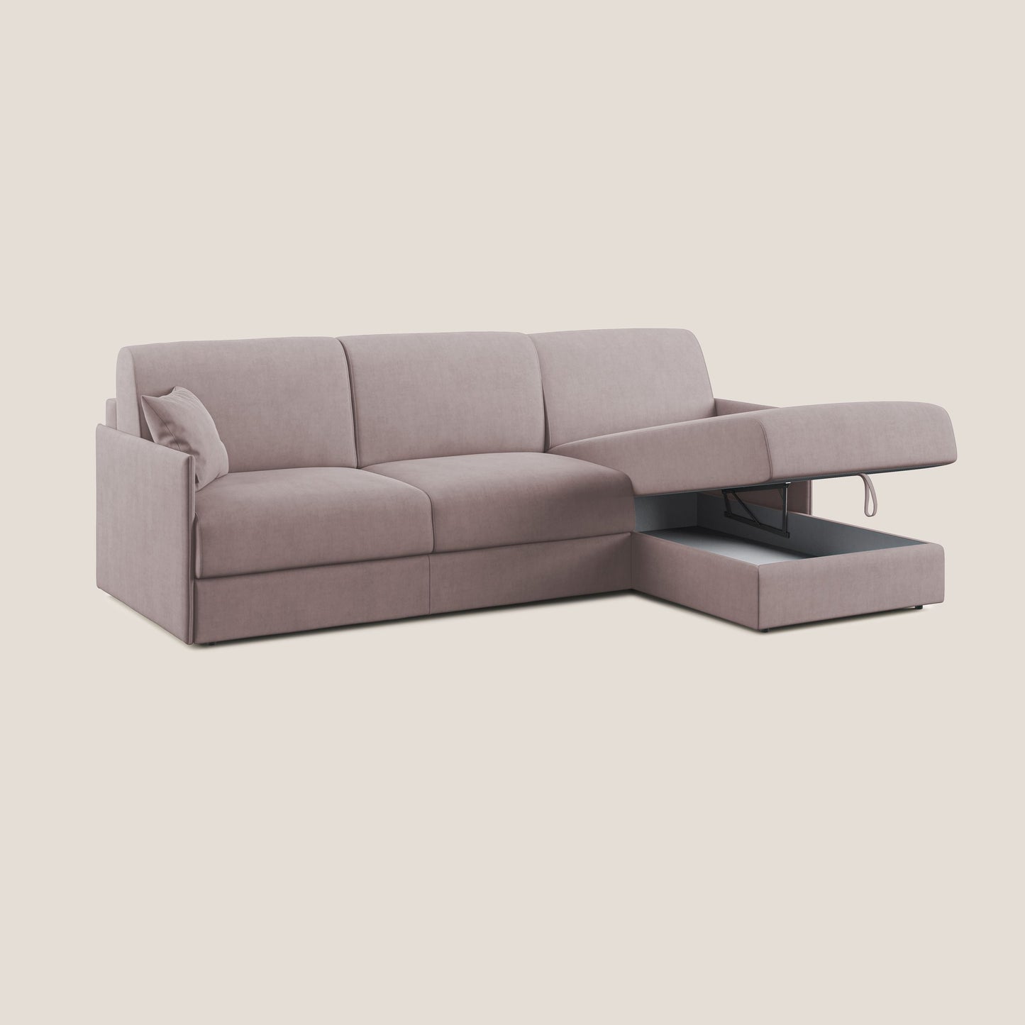 Evans Divano letto angolare con penisola in morbido tessuto impermeabile T02 rosa