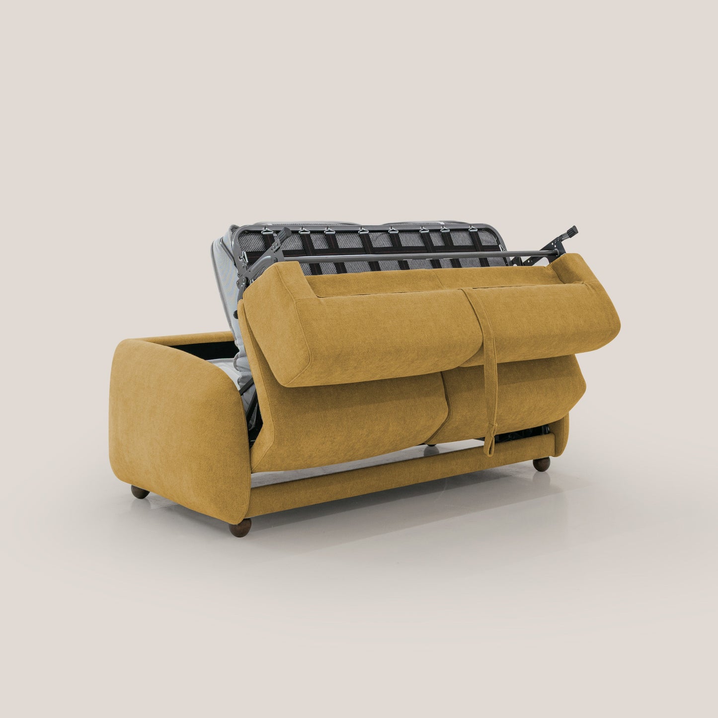 Giglio divano letto scandinavo japandi con materasso H18 cm in tessuto Bouclé impermeabile T07 giallo