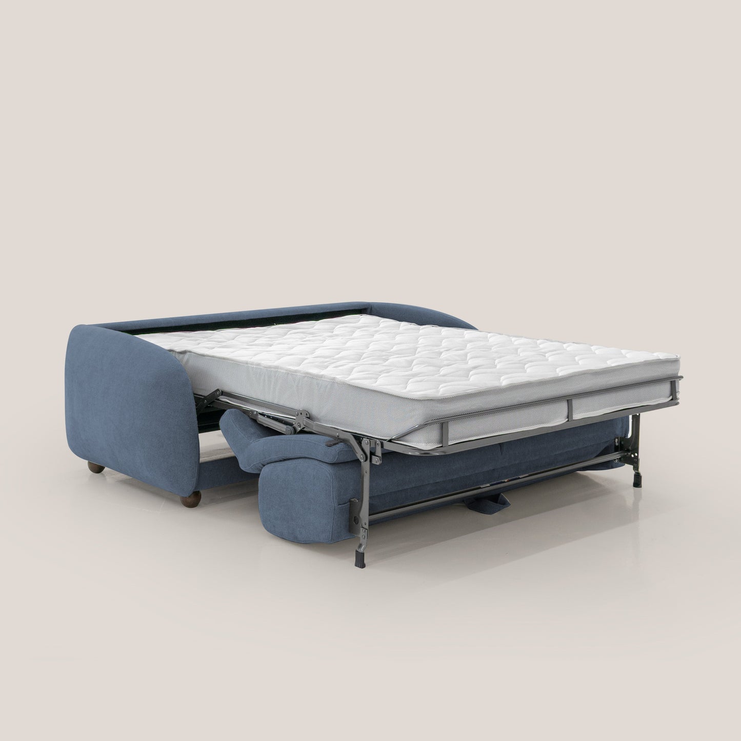 Giglio divano letto scandinavo japandi con materasso H18 cm in tessuto Bouclé impermeabile T07 blu
