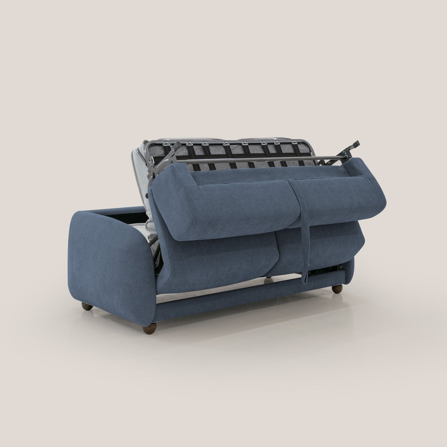 Giglio divano letto scandinavo japandi con materasso H18 cm in tessuto Bouclé impermeabile T07 blu