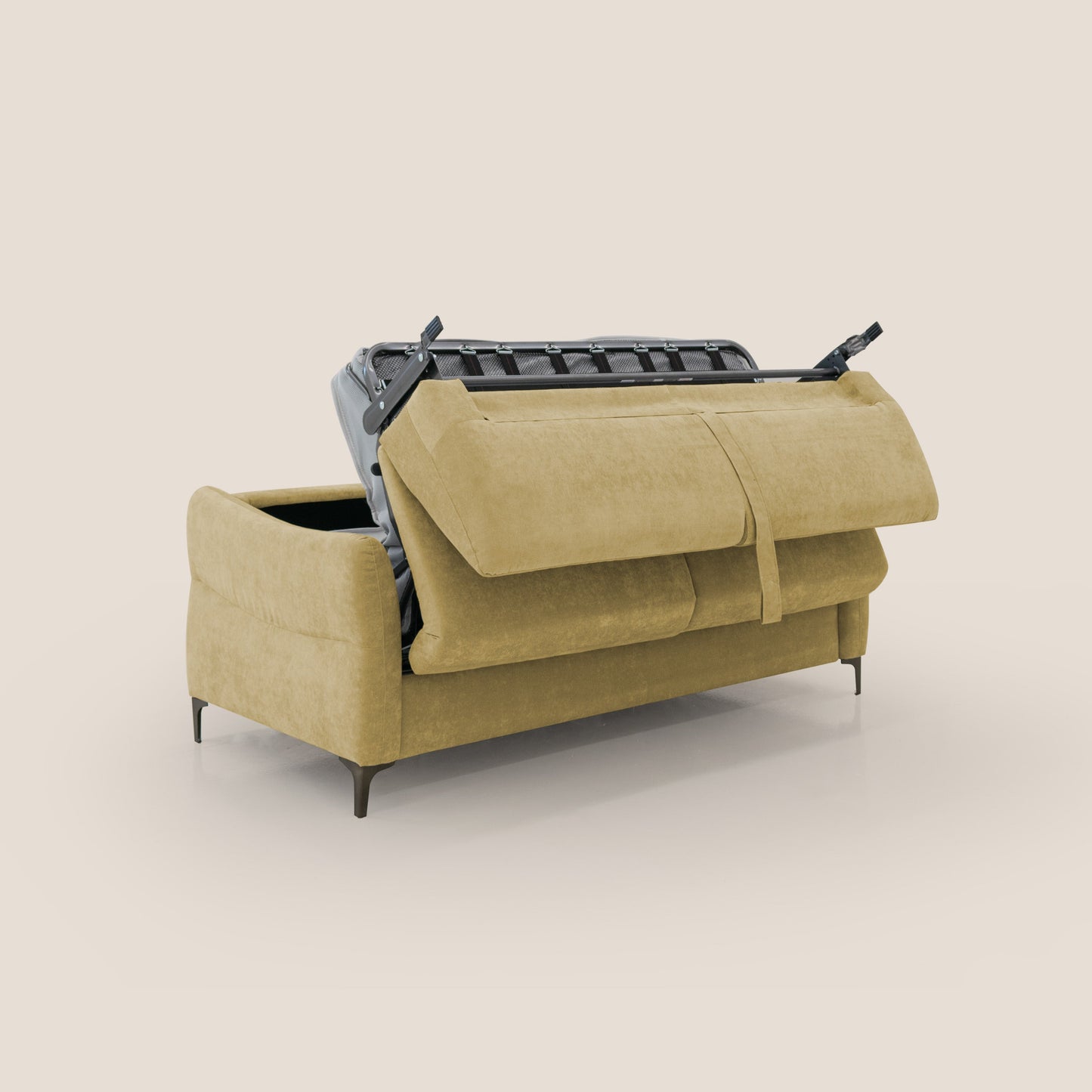 Dalia divano letto con materasso H18 cm e piedi alti in raffinato tessuto smacchiabile T17 giallo