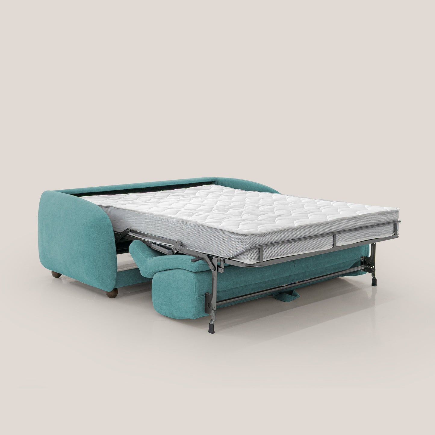 Giglio divano letto scandinavo japandi con materasso H18 cm in tessuto Bouclé impermeabile T07 azzurro