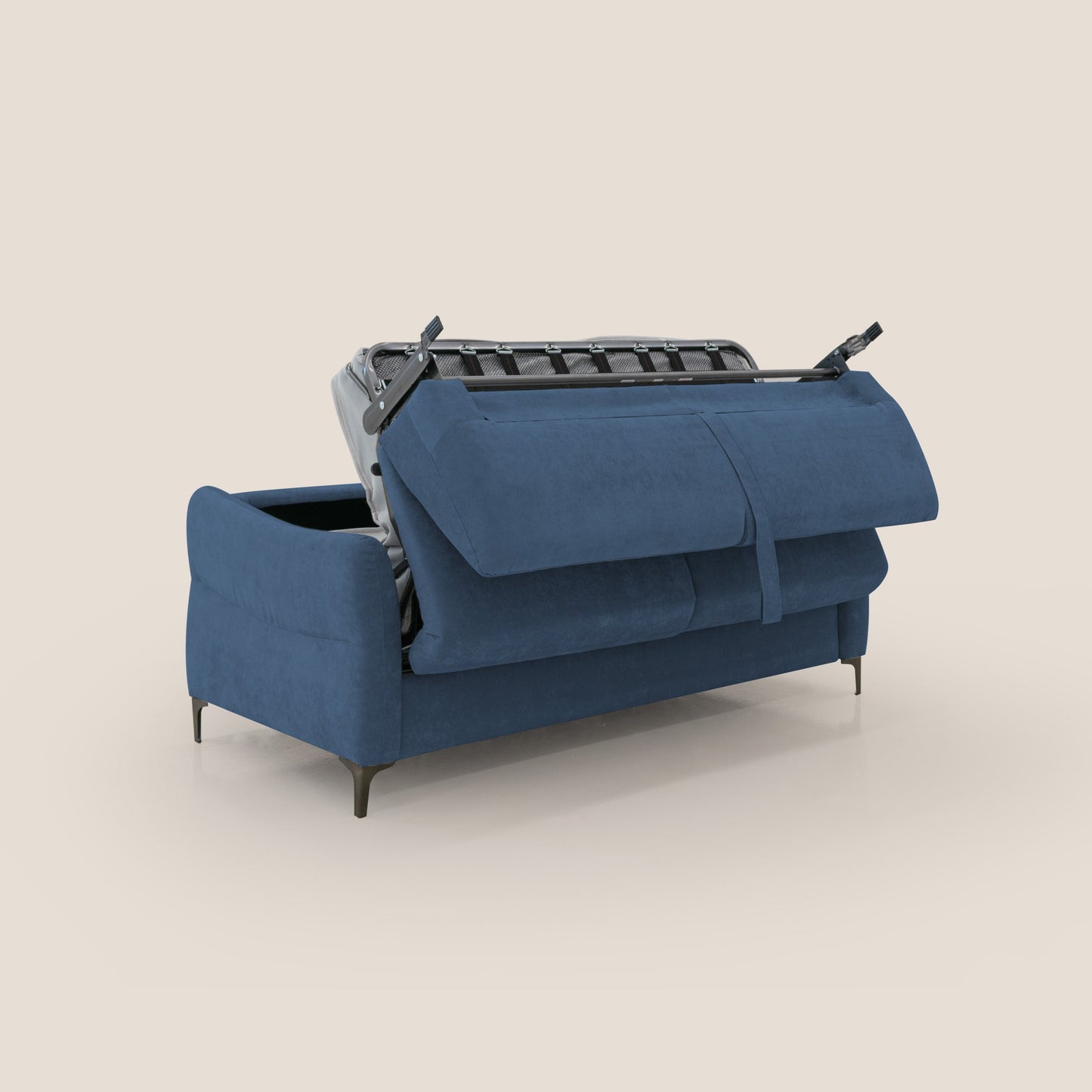 Dalia divano letto con materasso H18 cm e piedi alti in raffinato tessuto smacchiabile T17 blu