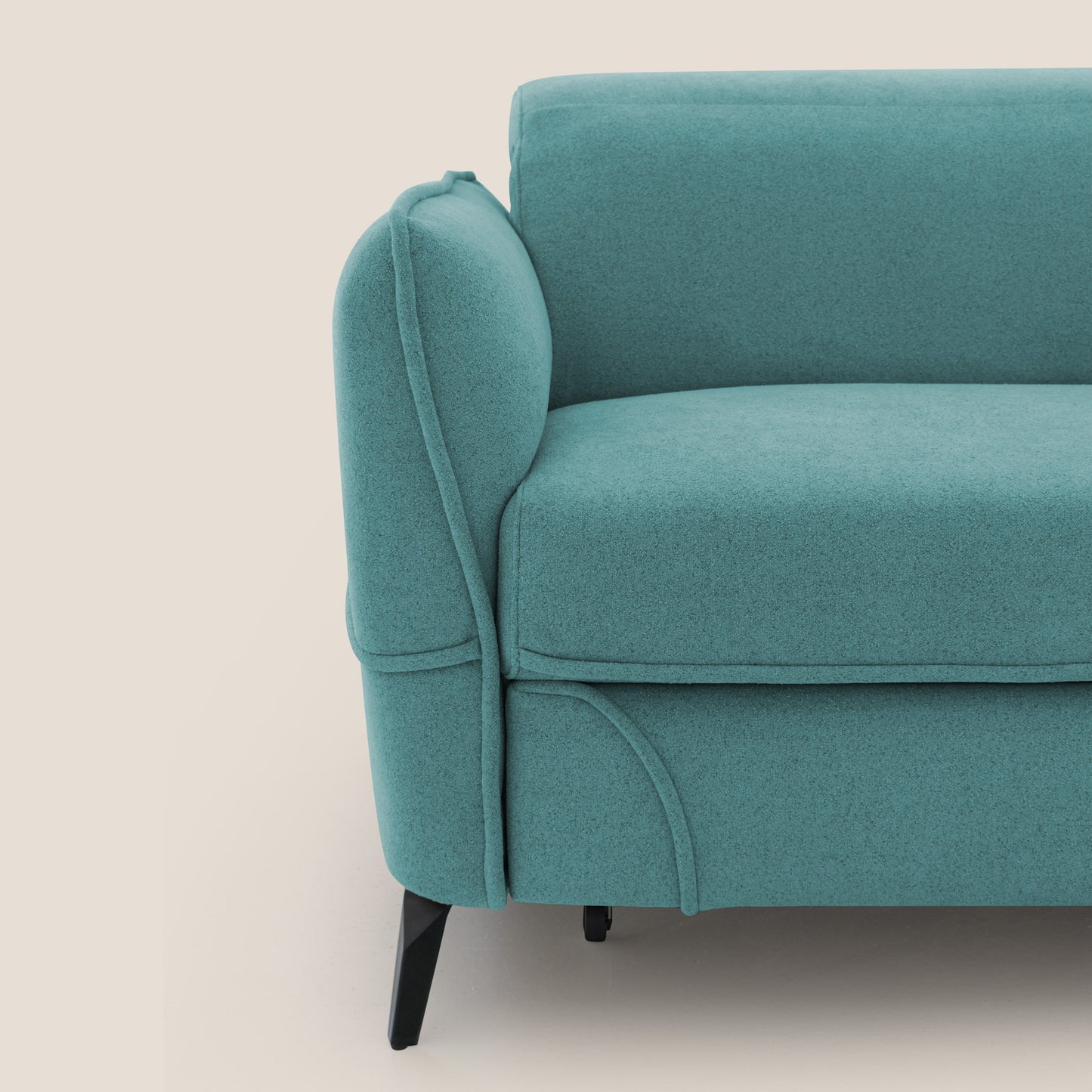 Bloom Divano con poggiapiedi estraibile piedini alti e poggiatesta reclinabili in tessuto bouclé impermeabile T07 azzurro