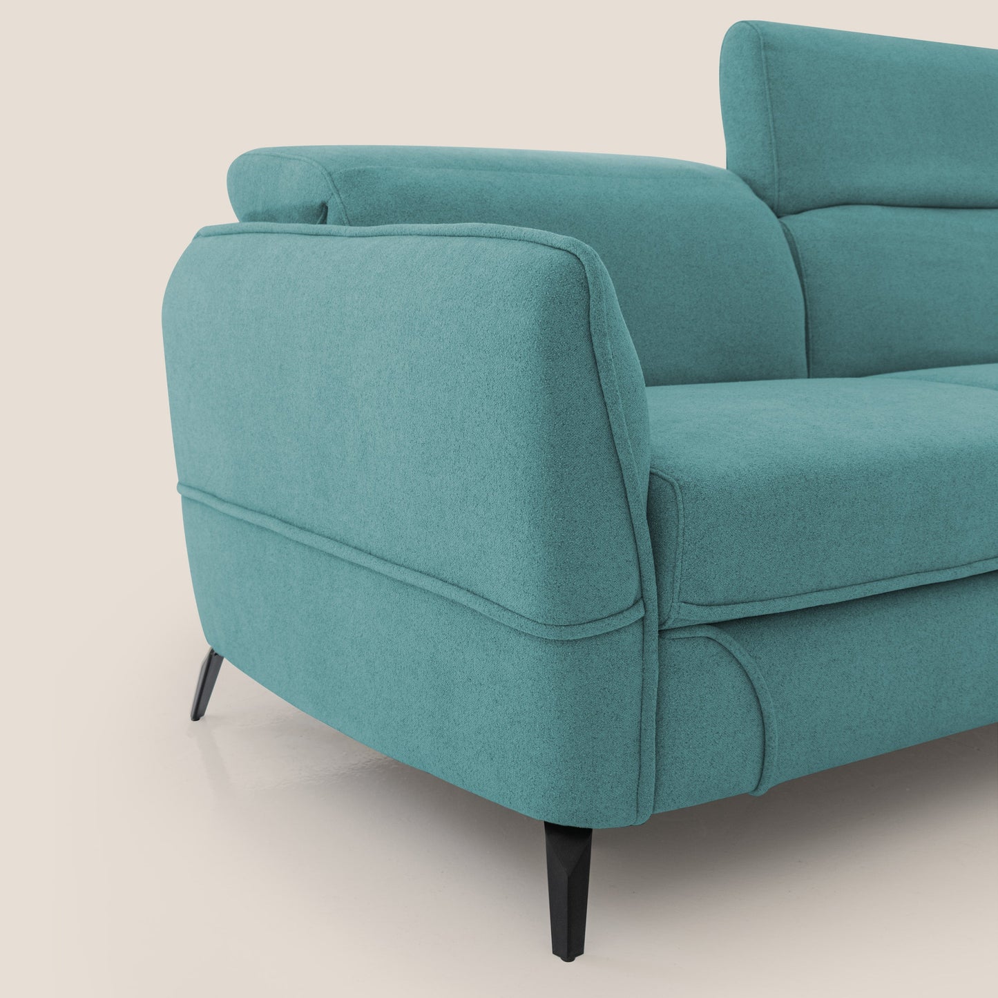 Bloom Divano con poggiapiedi estraibile piedini alti e poggiatesta reclinabili in tessuto bouclé impermeabile T07 azzurro