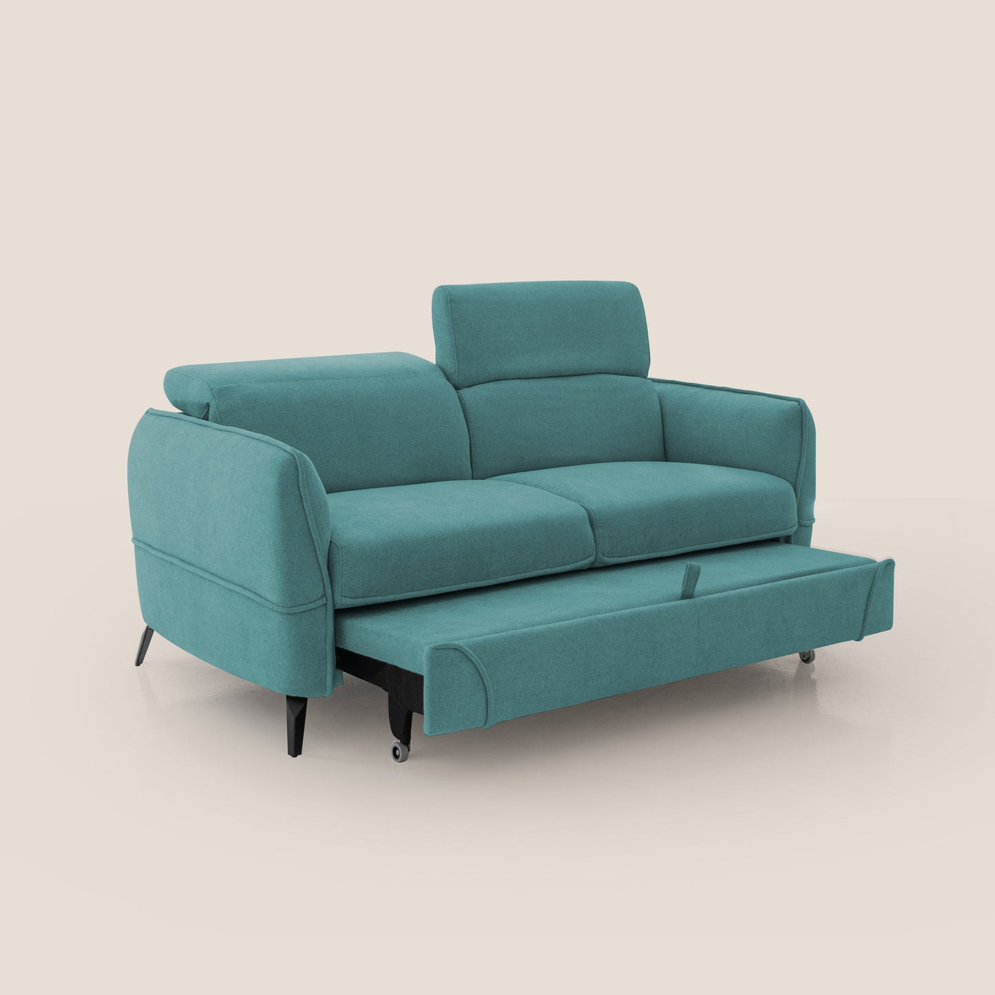 Bloom Divano con poggiapiedi estraibile piedini alti e poggiatesta reclinabili in tessuto bouclé impermeabile T07 azzurro