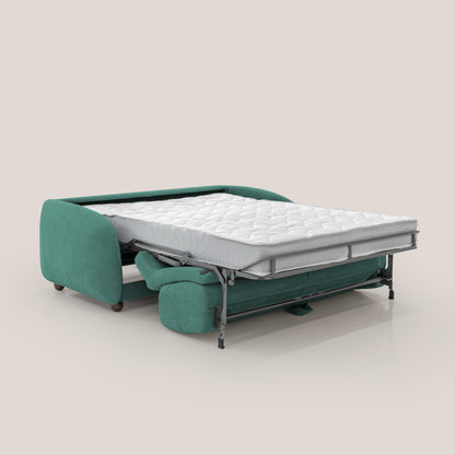 Giglio divano letto scandinavo japandi con materasso H18 cm in tessuto Bouclé impermeabile T07 verde