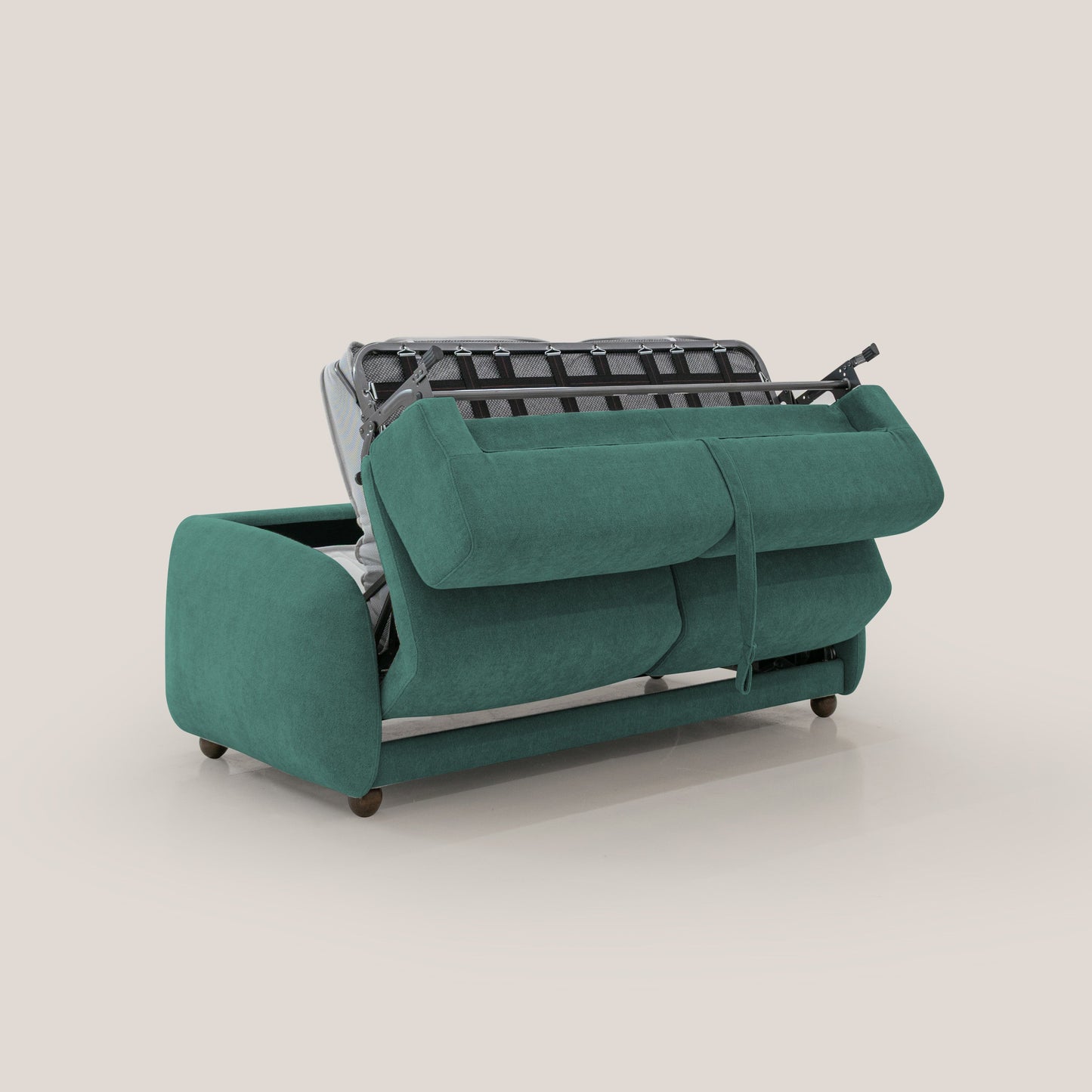 Giglio divano letto scandinavo japandi con materasso H18 cm in tessuto Bouclé impermeabile T07 verde