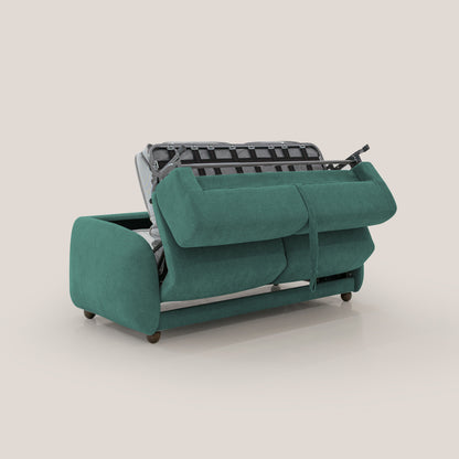 Giglio divano letto scandinavo japandi con materasso H18 cm in tessuto Bouclé impermeabile T07 verde