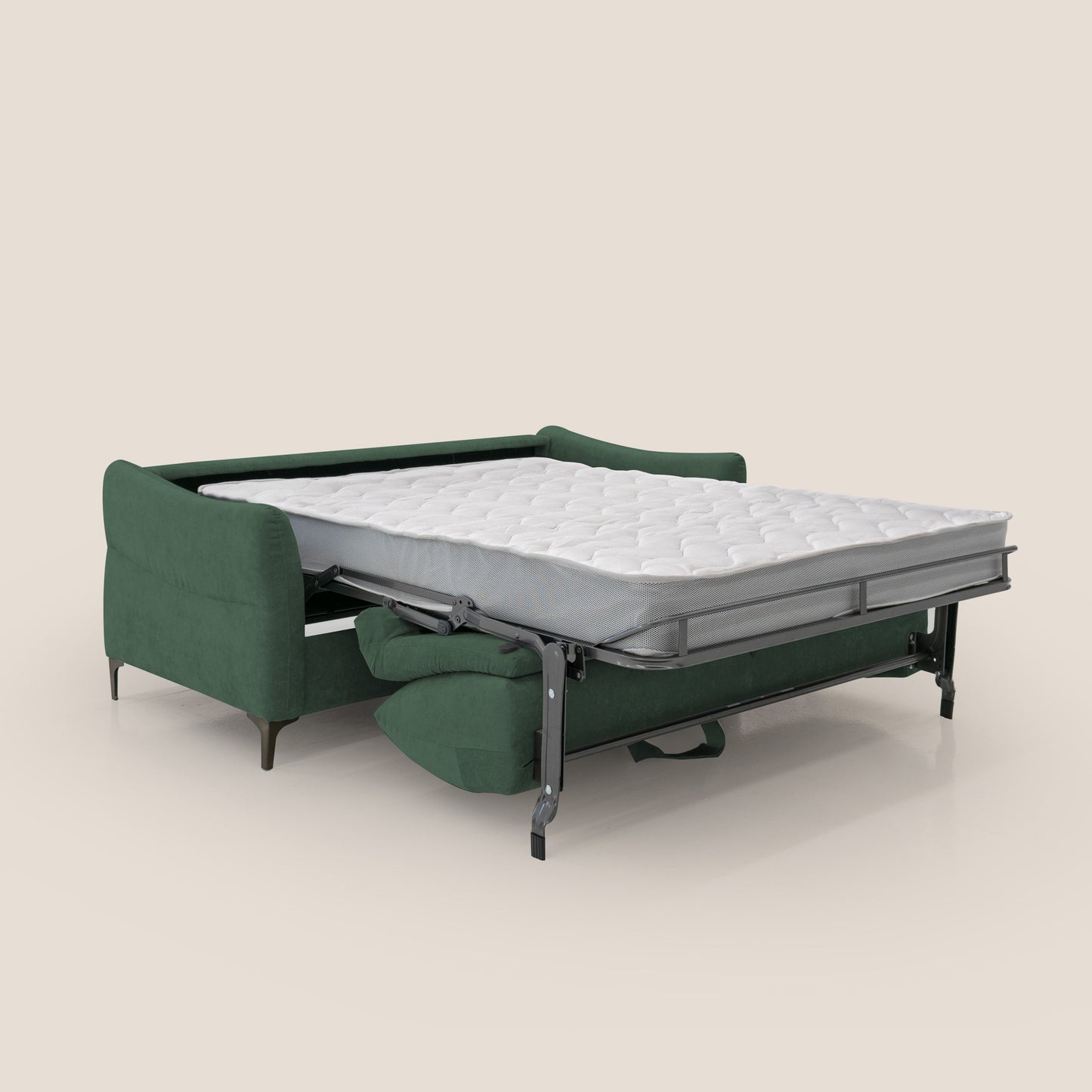 Dalia divano letto con materasso H18 cm e piedi alti in raffinato tessuto smacchiabile T17 verde