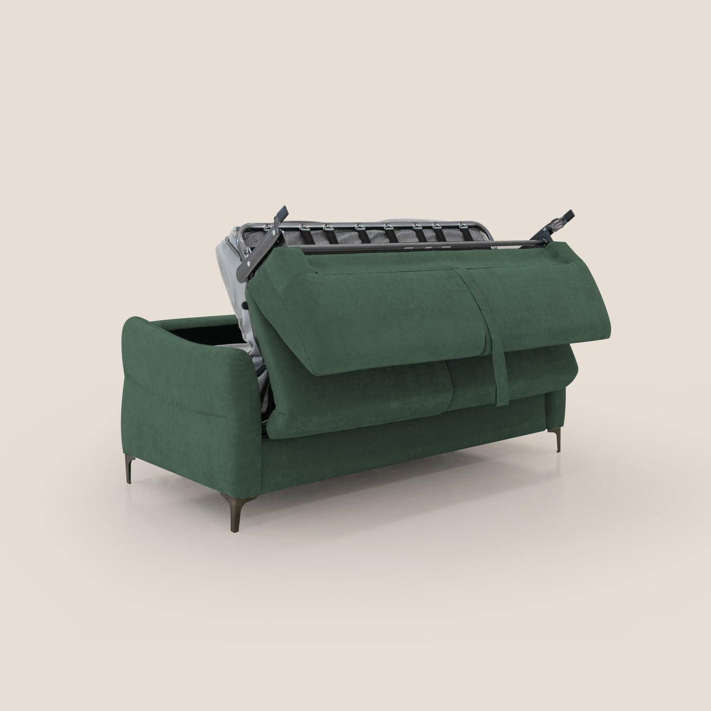 Dalia divano letto con materasso H18 cm e piedi alti in raffinato tessuto smacchiabile T17 verde